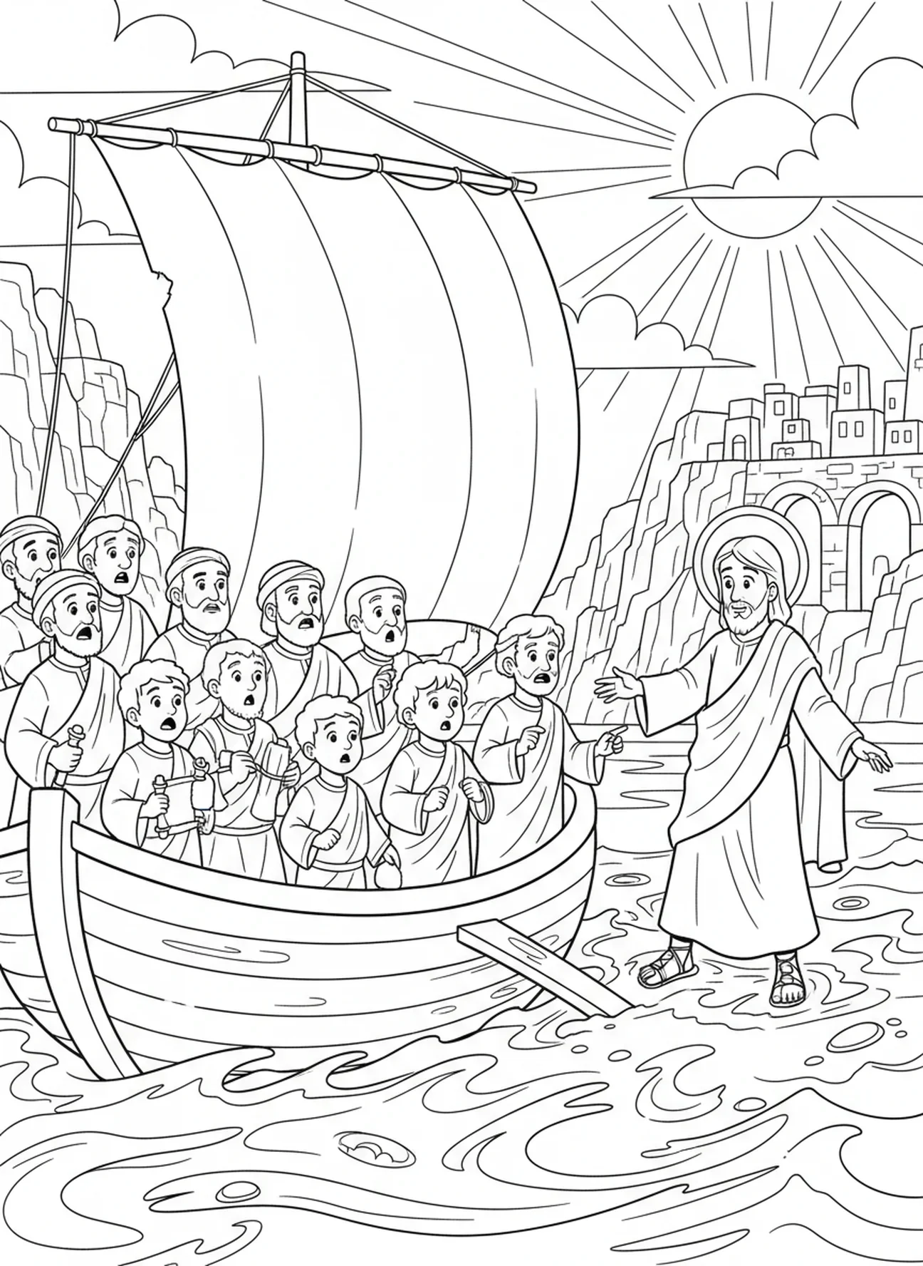 Peter geht auf dem Wasser, Ausmalbild für die Sonntagsschule für Kinder im Alter von 5-12 Jahren