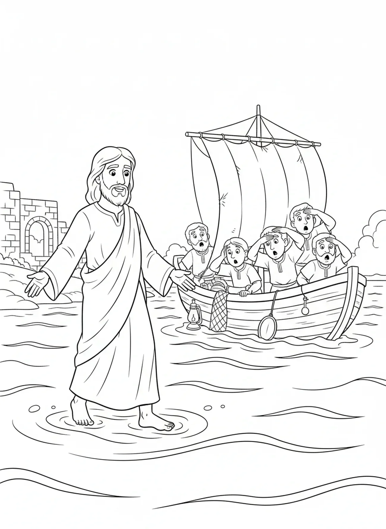 Jesus geht auf dem Wasser, Ausmalbild für die Sonntagsschule für Kinder im Alter von 5-12 Jahren