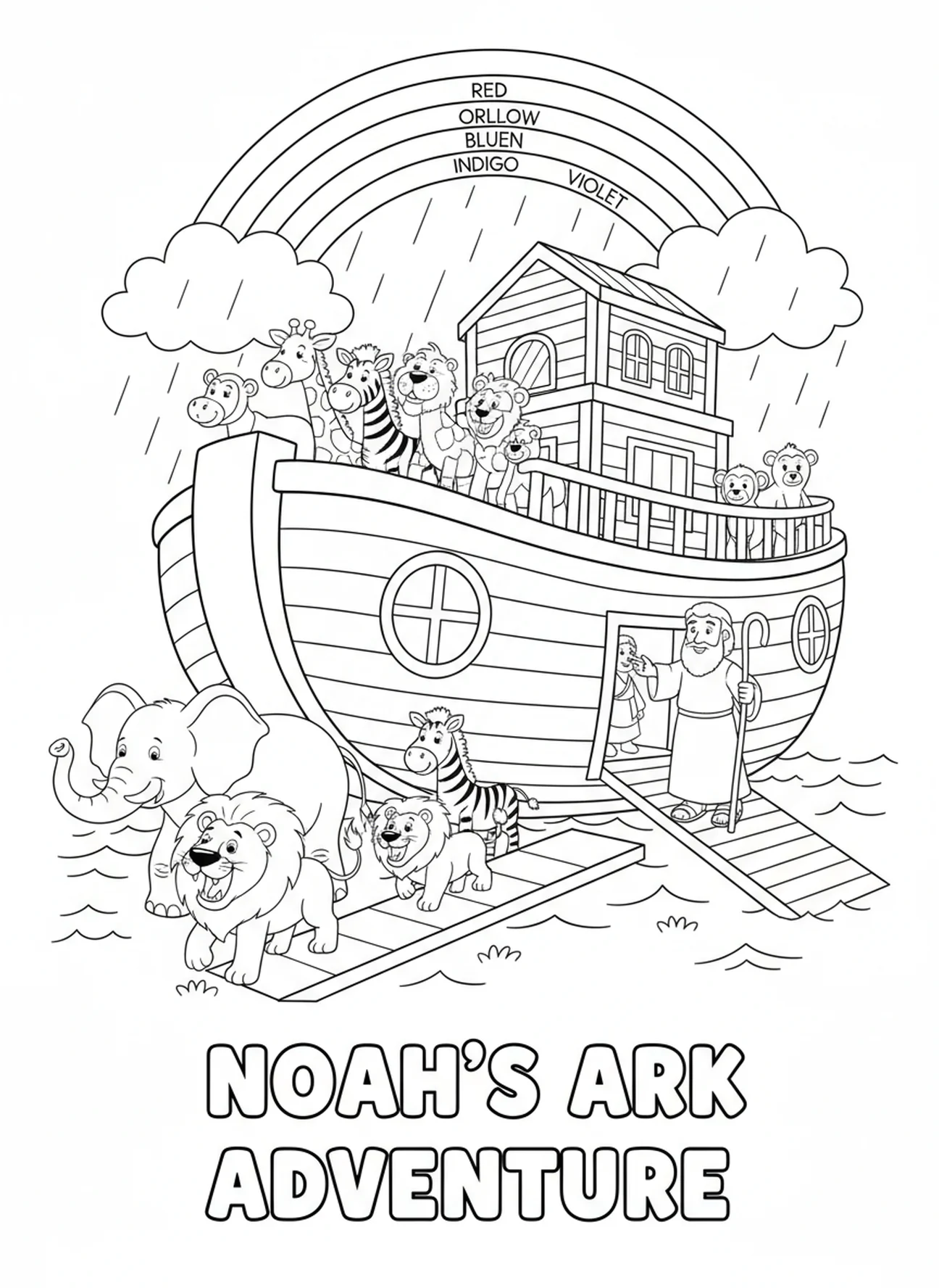 Des paires d'animaux montent à bord de l'arche, page à colorier Biblique Wells pour enfants de 5 à 10 ans