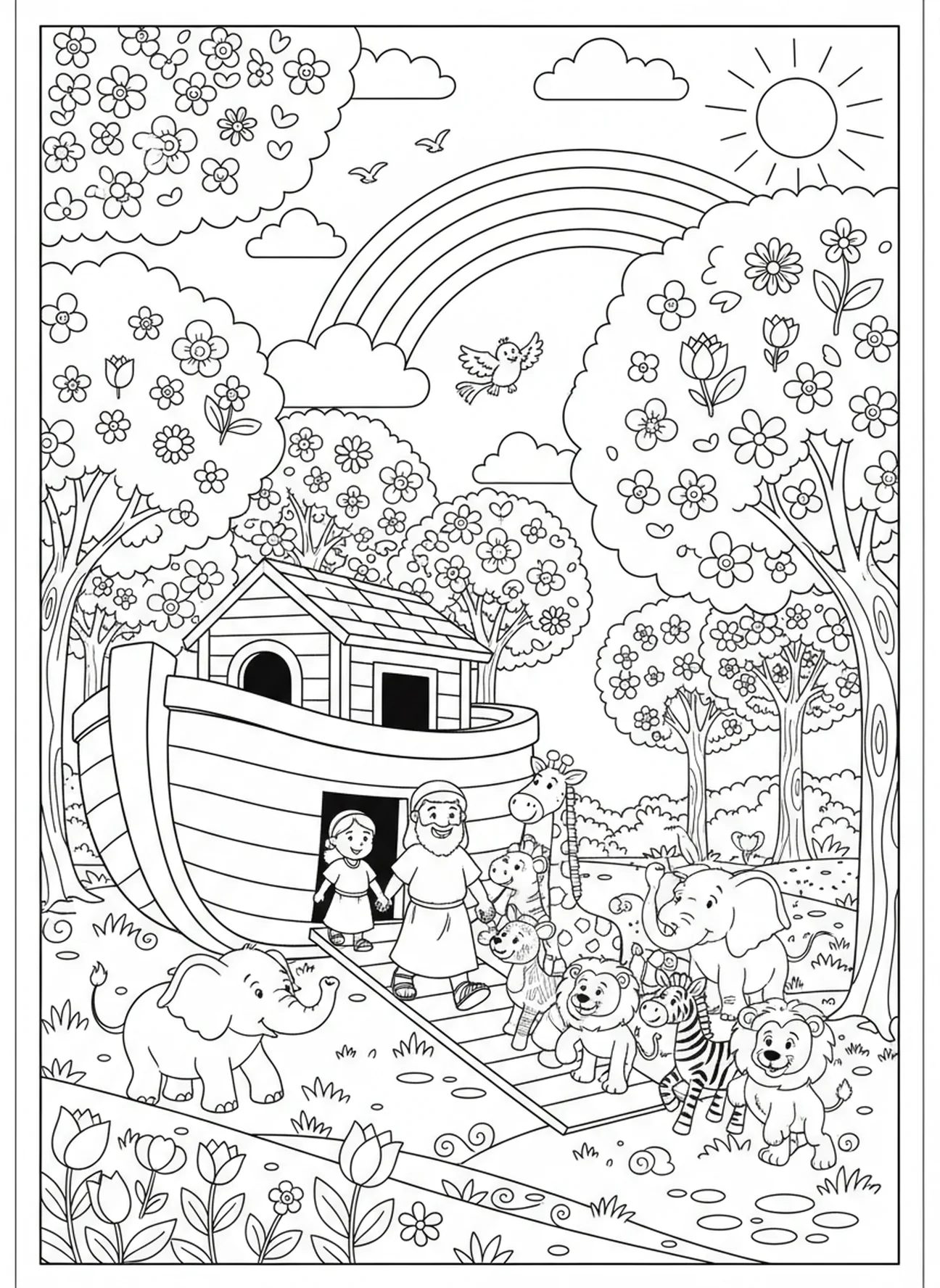 Noé et les animaux sortant de l'arche, page à colorier Biblique Wells pour enfants de 5 à 10 ans