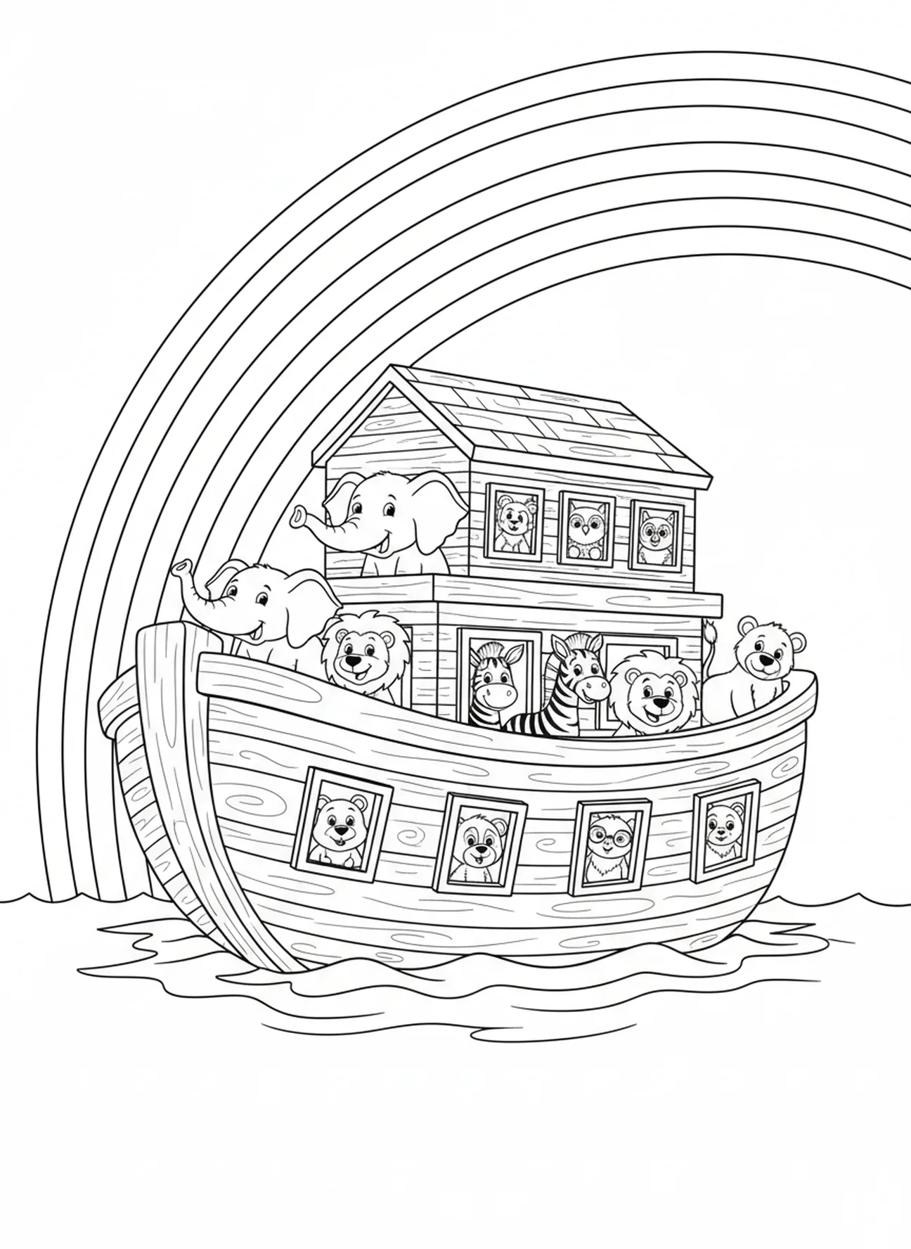 Arc-en-ciel au-dessus de l'arche, page à colorier Biblique Wells pour enfants de 5 à 10 ans