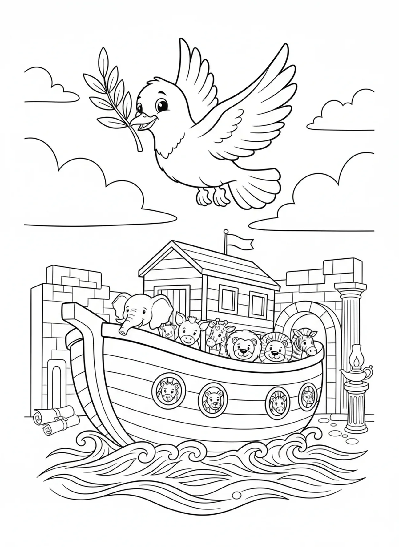 Colombe portant une branche d'olivier, page à colorier de la Bible Wells pour les enfants de l'École du dimanche âgés de 5 à 12 ans.