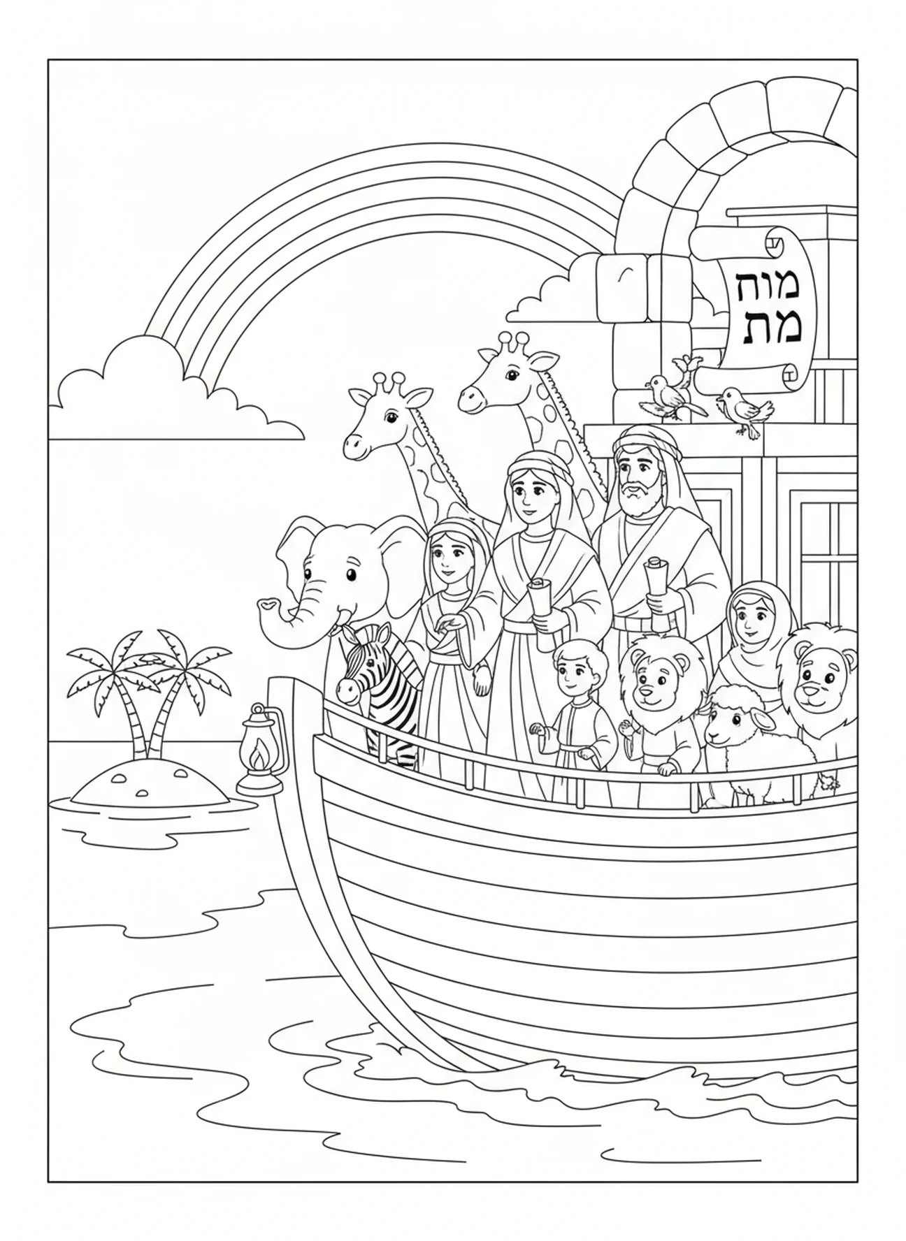 Noé et sa famille sur l'arche, page à colorier de la Bible Wells pour les enfants de l'École du dimanche âgés de 5 à 12 ans.