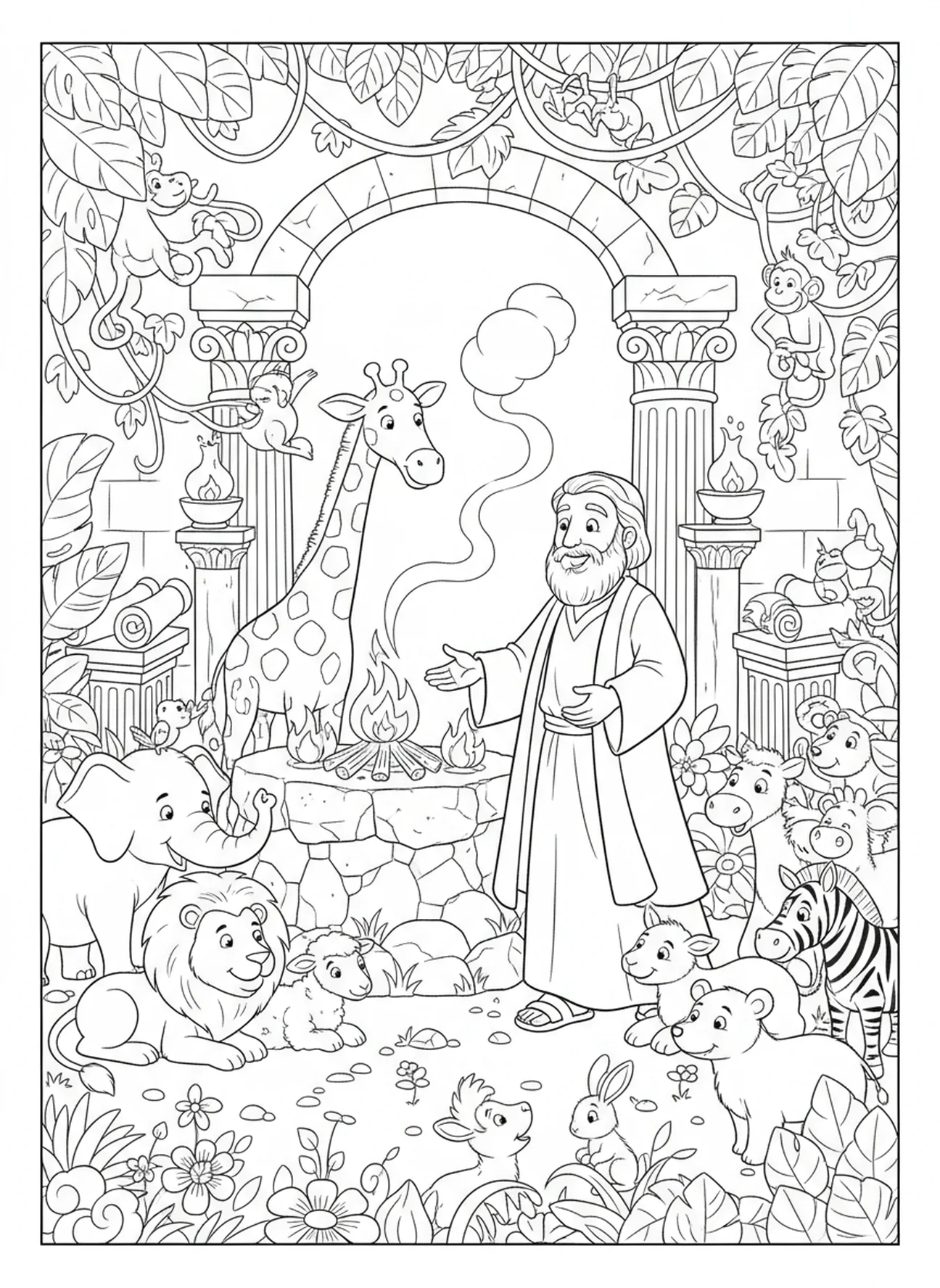Noé offrant un sacrifice, page à colorier Biblique Wells pour les enfants de l'École du dimanche âgés de 5 à 12 ans.