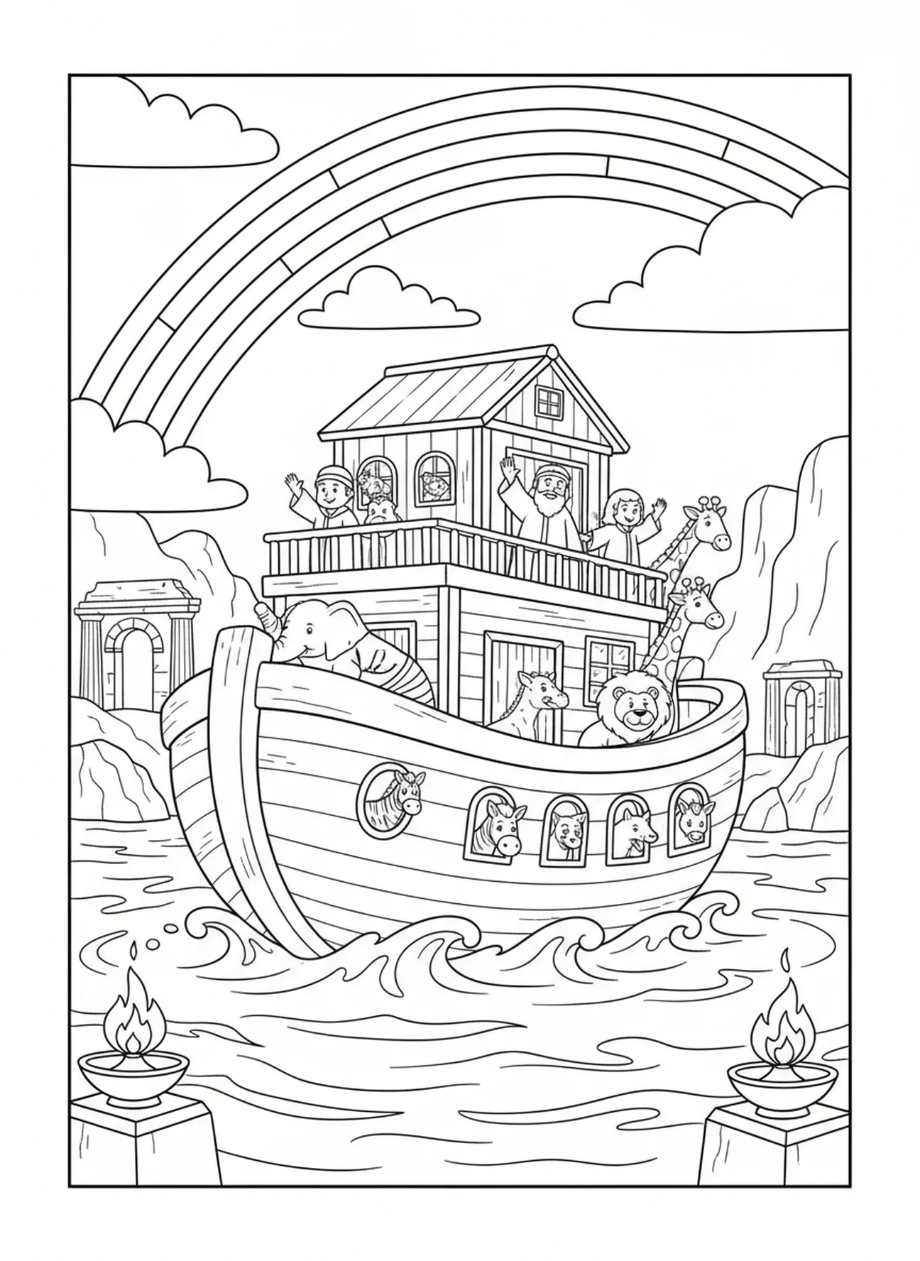 Arc-en-ciel coloré au-dessus de l'arche, page à colorier Biblique Wells pour les enfants de l'École du dimanche âgés de 5 à 12 ans.