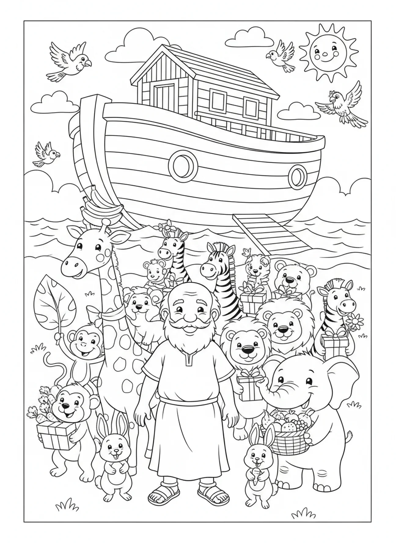 Animals presenting gifts, Generosity coloring page for kids age 5-10