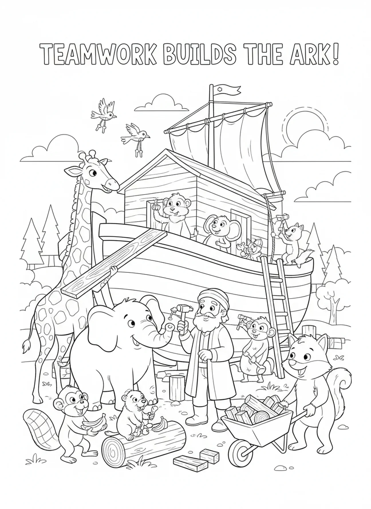 Animals helping build ark, Generosity coloring page for kids age 5-10