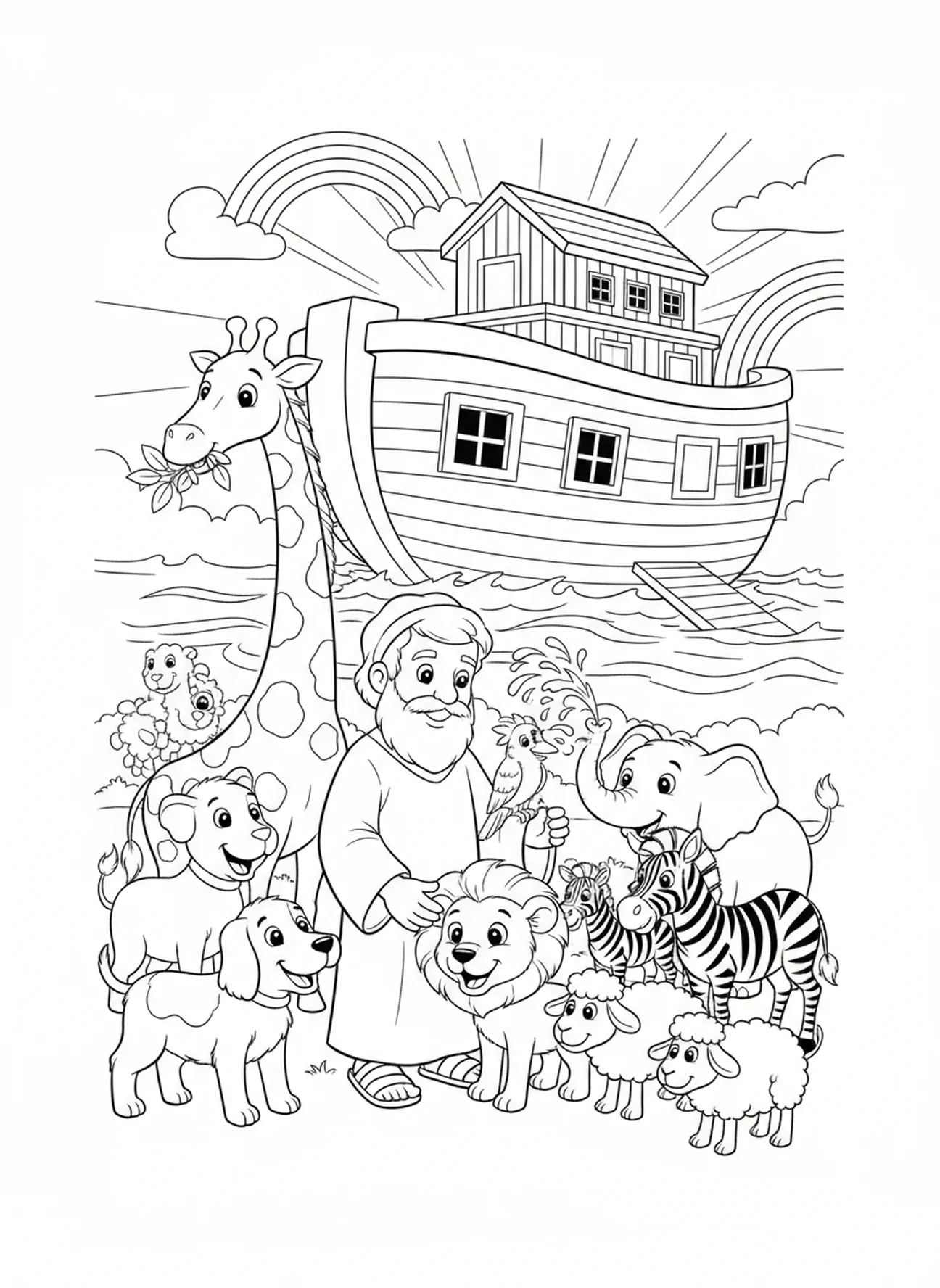 Noah caring for animals, Generosity coloring page for kids age 5-10