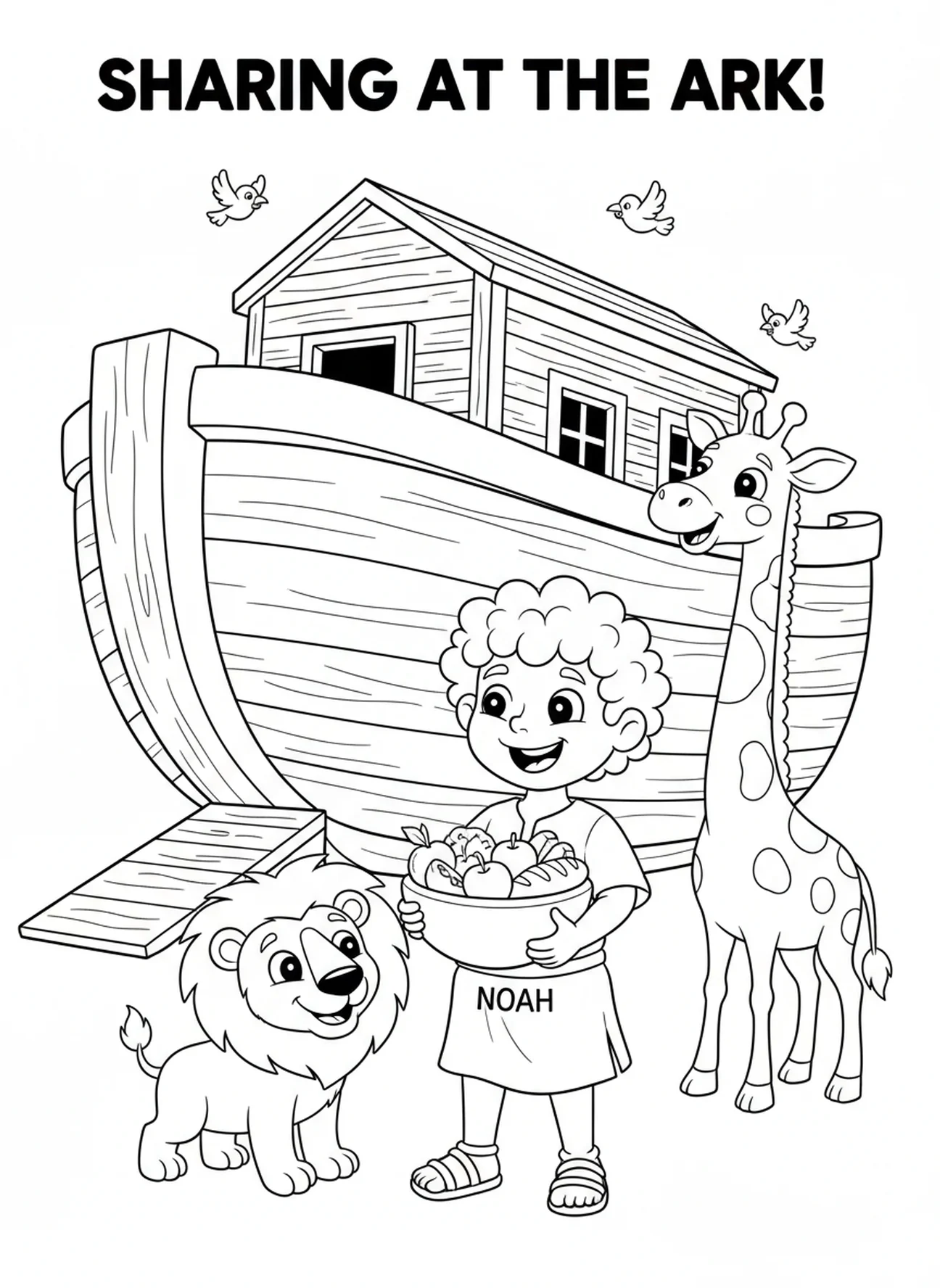Noah sharing food, Generosity coloring page for kids age 5-10