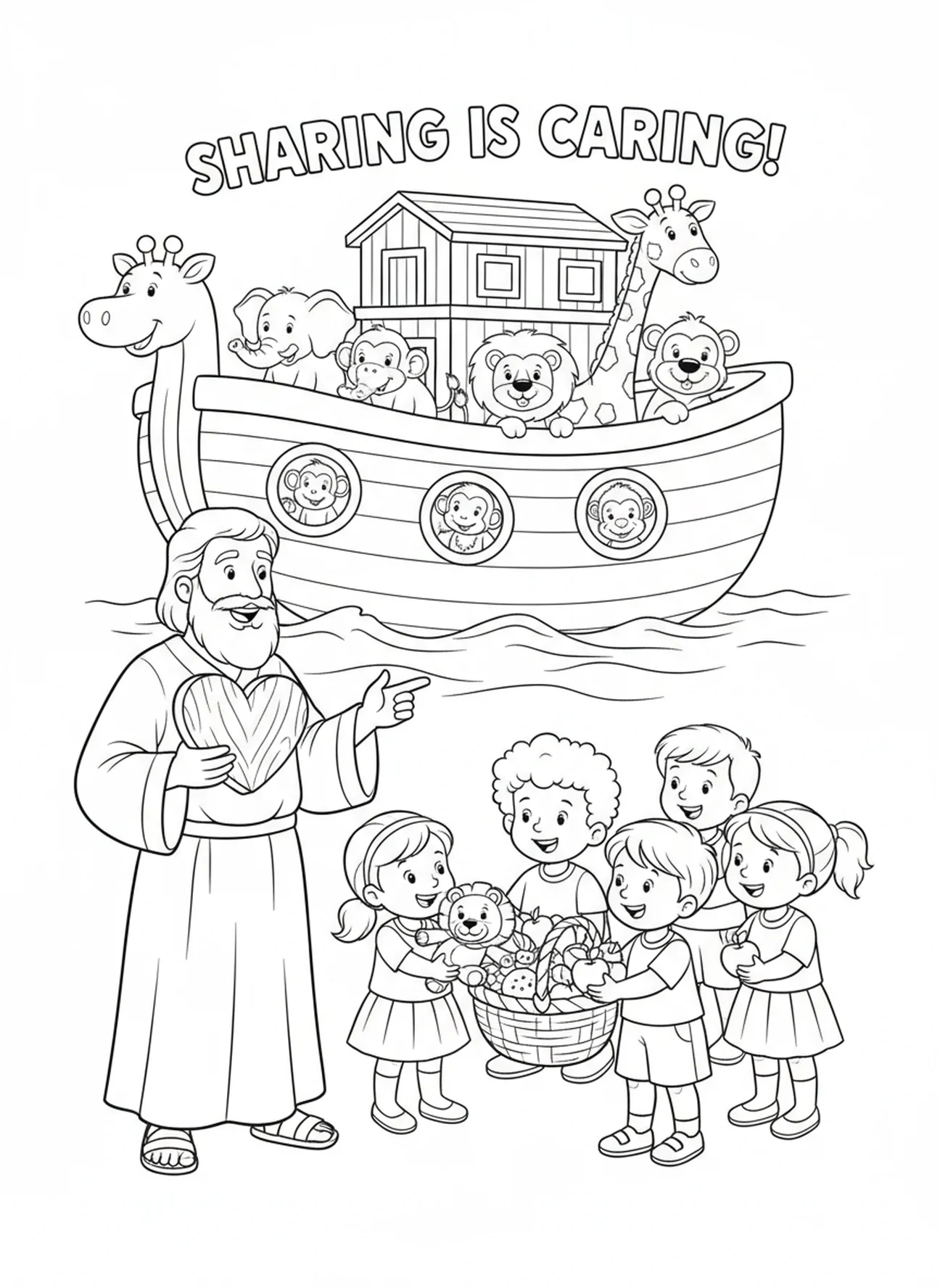 Noah teaching children, Generosity coloring page for kids age 5-10