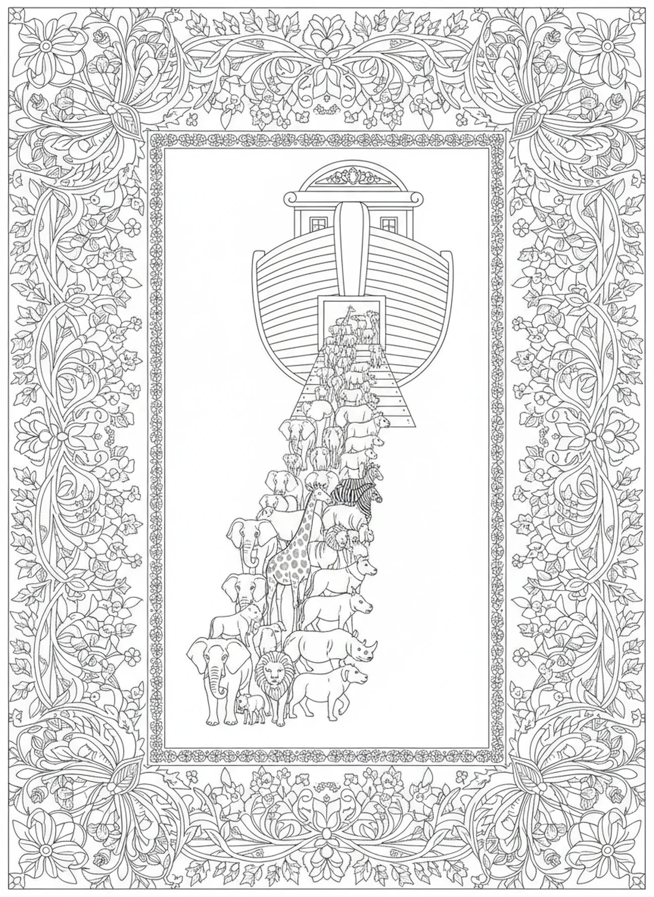 Animals boarding the ark, Gentleness coloring page for adults Bible journaling style