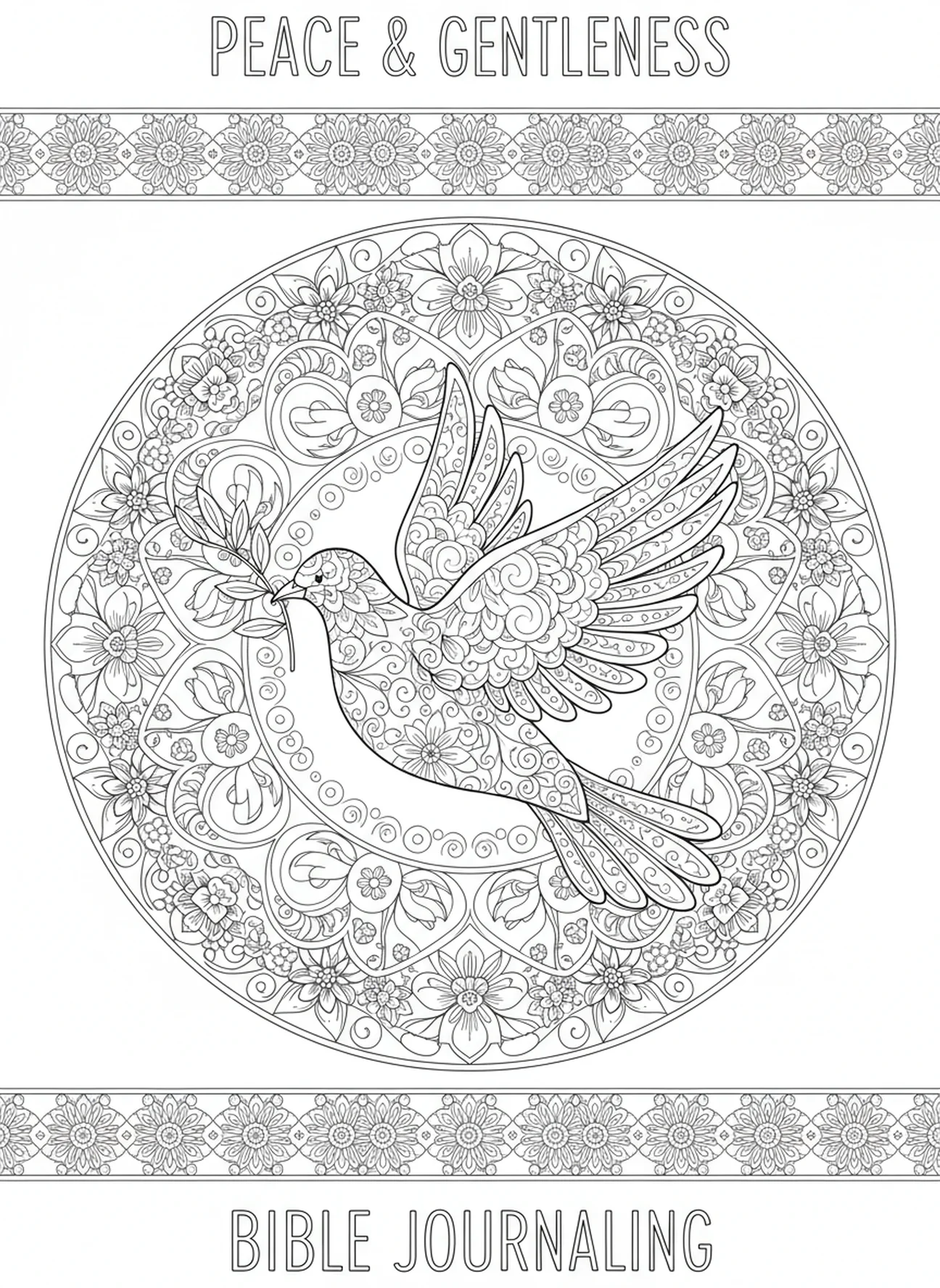 Dove with olive branch, Gentleness coloring page for adults Bible journaling style
