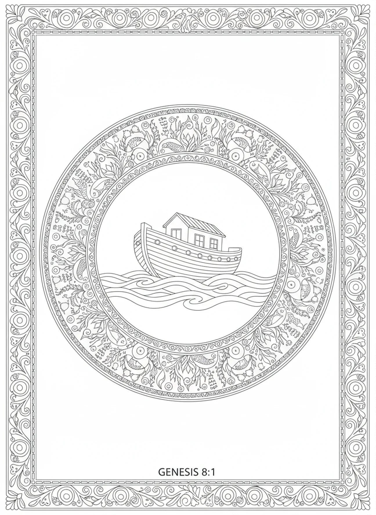 Flood waters rising around the ark, Gentleness coloring page for adults Bible journaling style