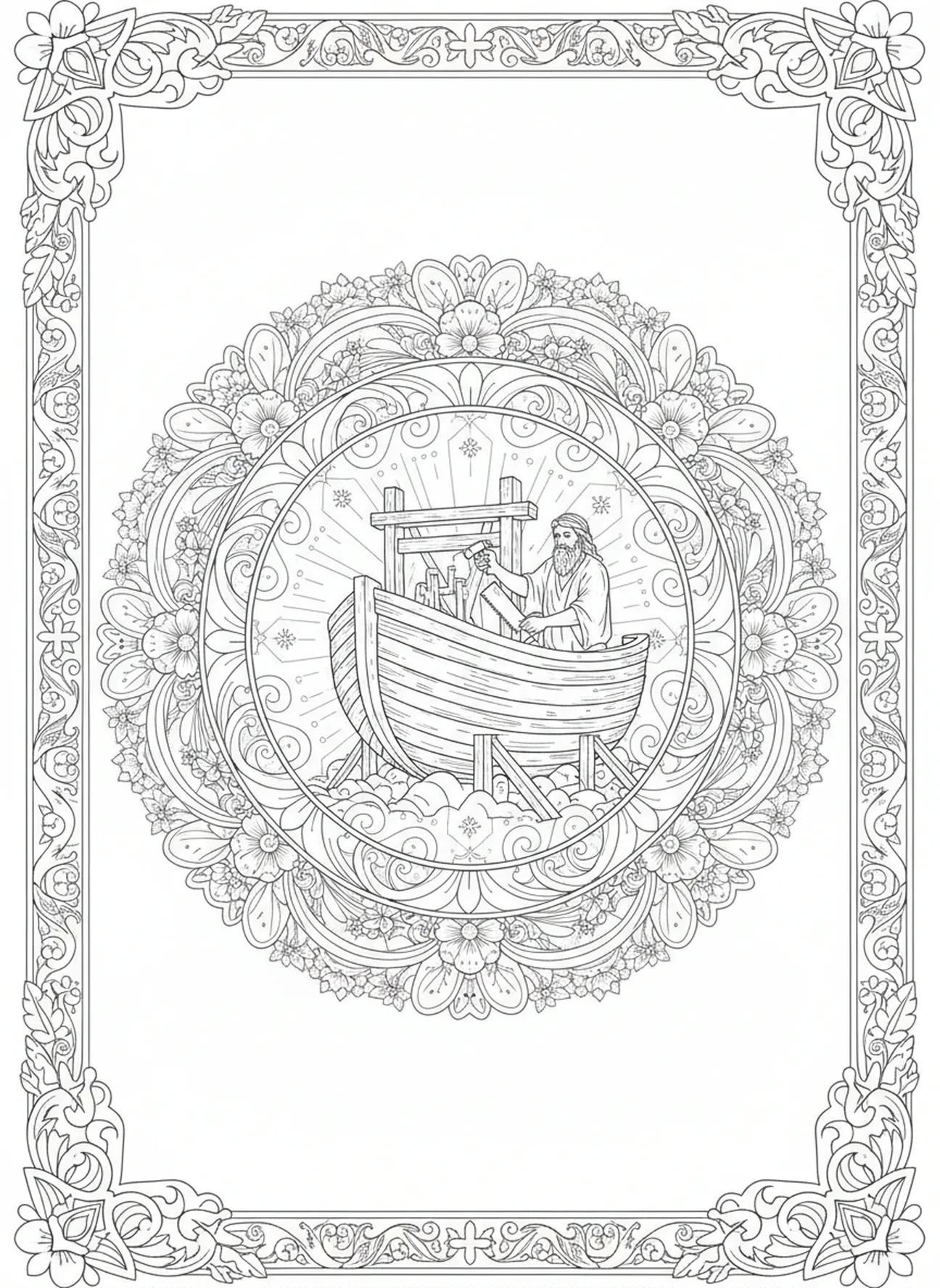 Noah building the ark, Gentleness coloring page for adults Bible journaling style