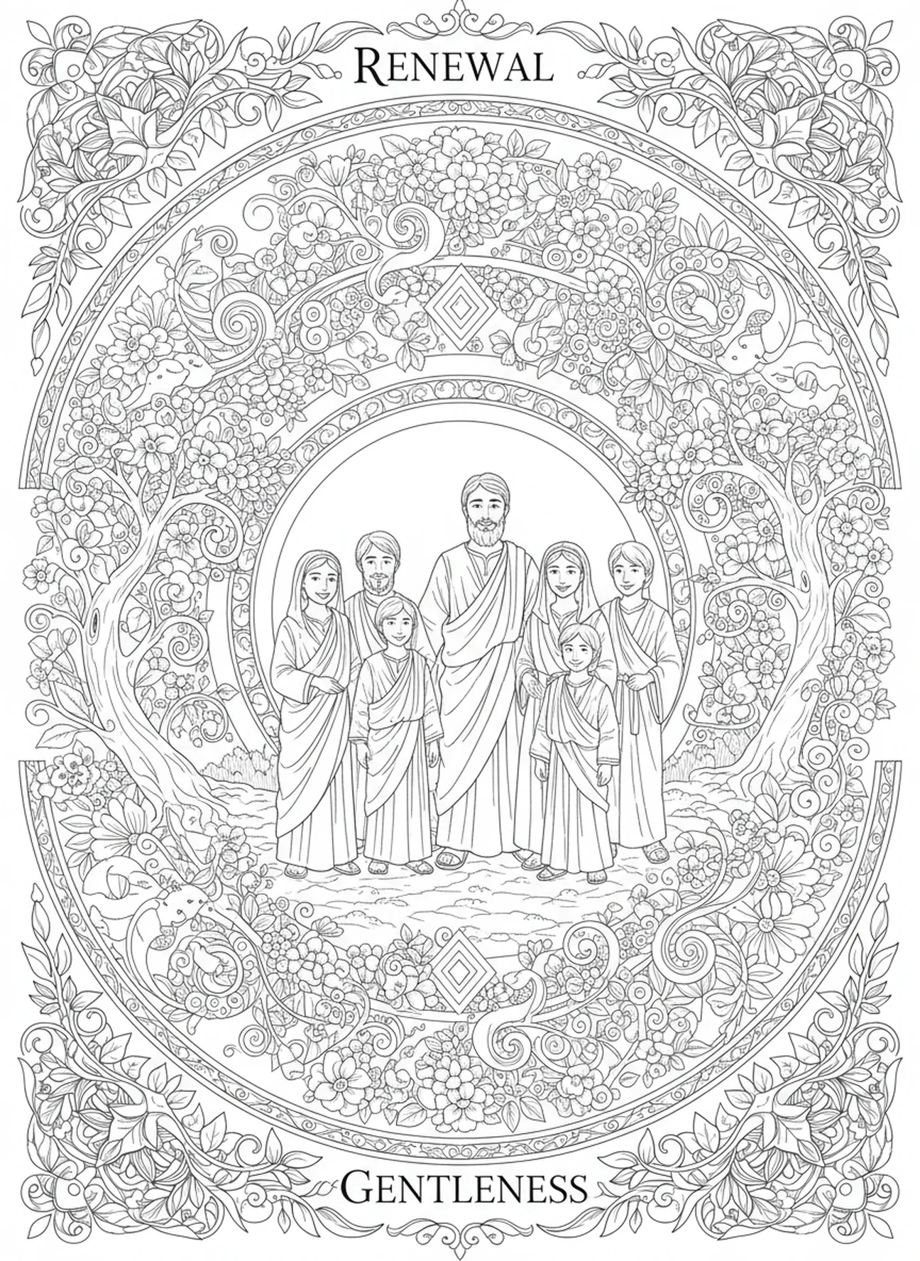Noah and family on dry land, Gentleness coloring page for adults Bible journaling style