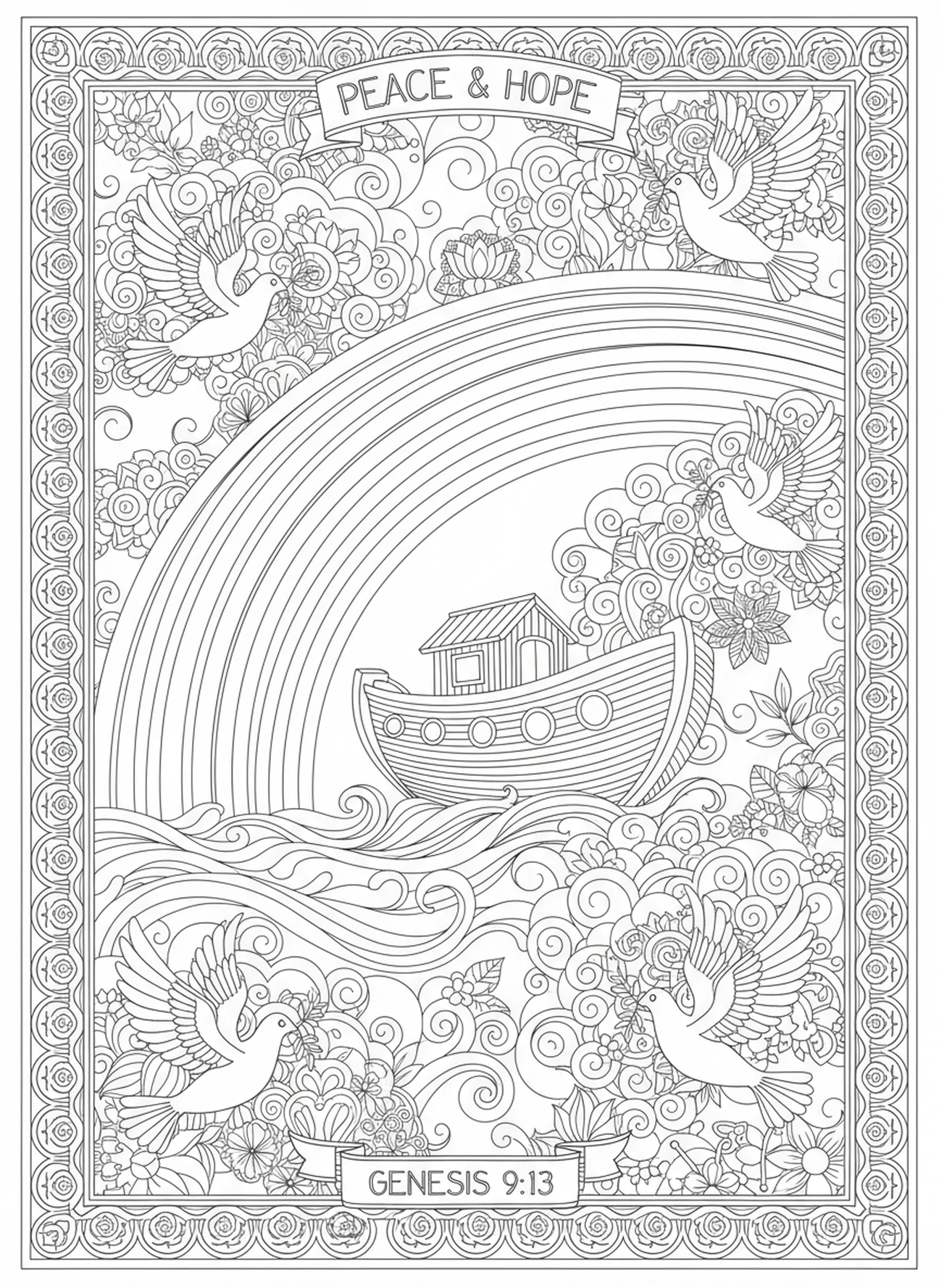 Rainbow over the ark, Gentleness coloring page for adults Bible journaling style