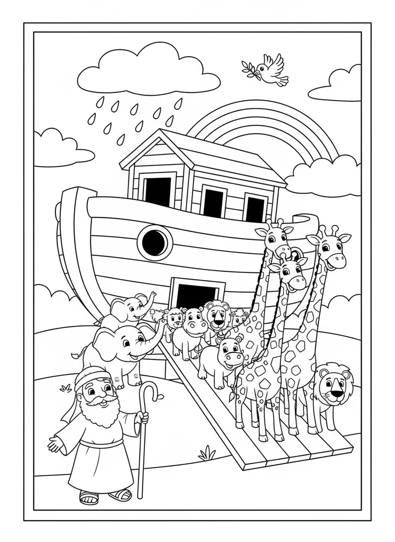 Group of animals boarding, Goodness coloring page for kids age 5-10