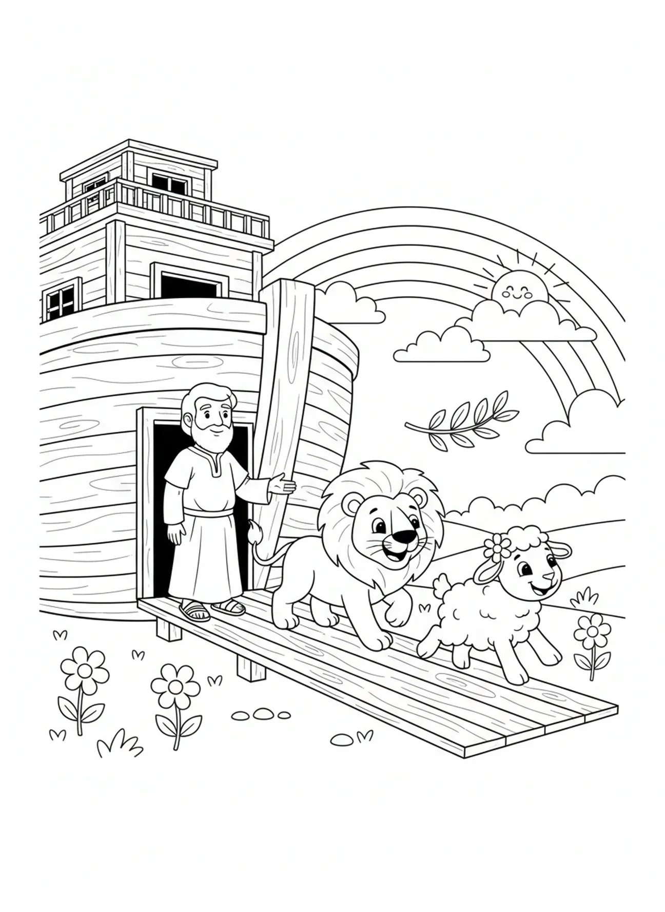 Lion and lamb leaving ark, Goodness coloring page for kids age 5-10