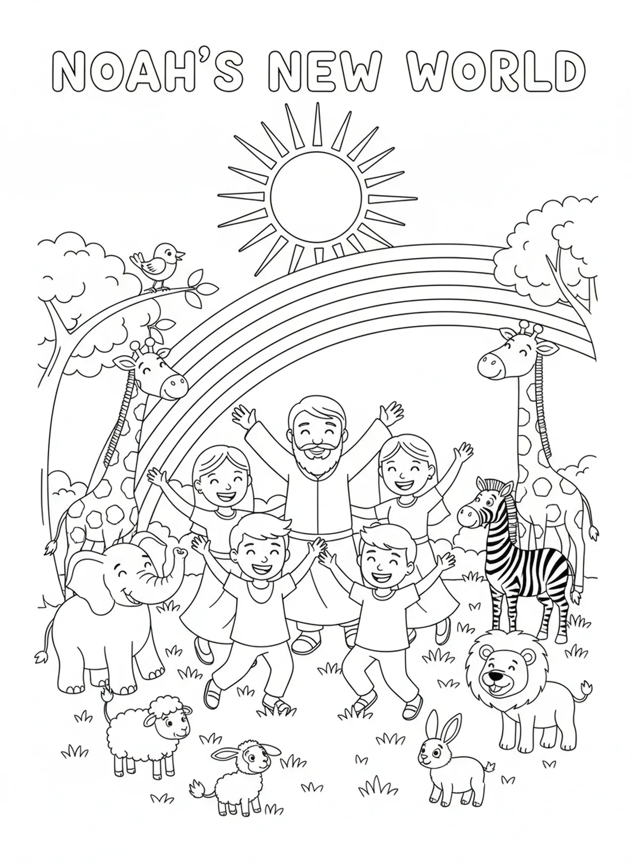 Noah and family celebrating, Goodness coloring page for kids age 5-10