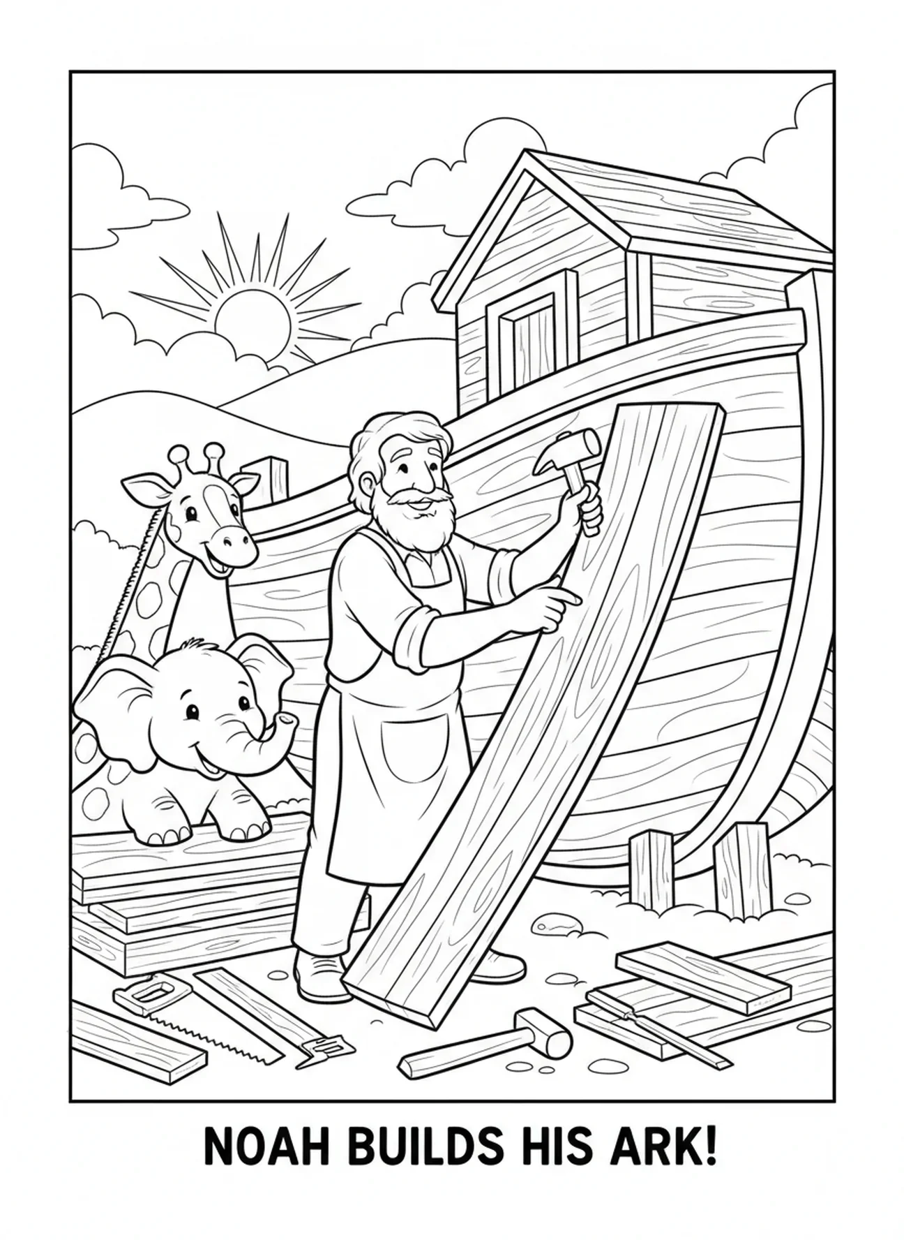 Noah hammering planks, Goodness coloring page for kids age 5-10