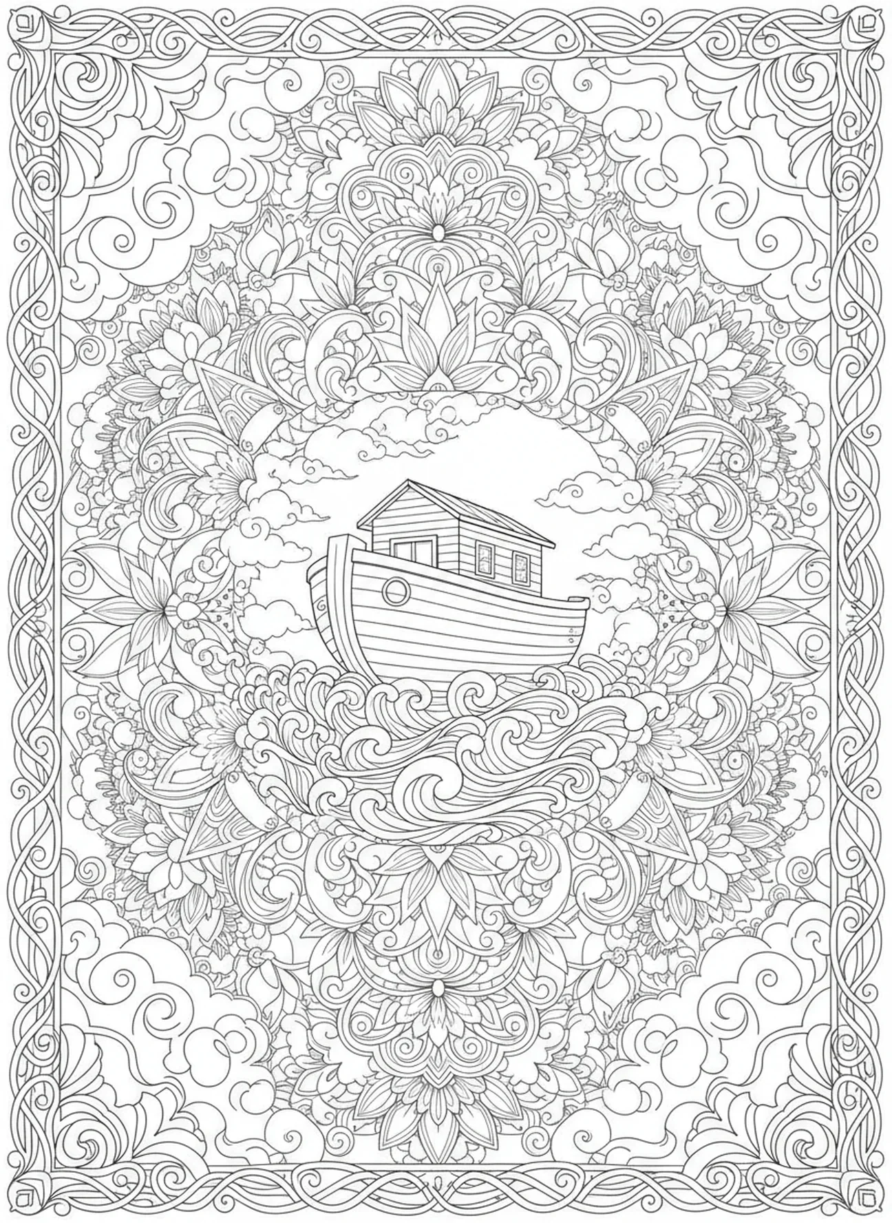 Arca flutuando sobre as águas, página de colorir Graça de Deus para adultos no estilo de journaling bíblico.