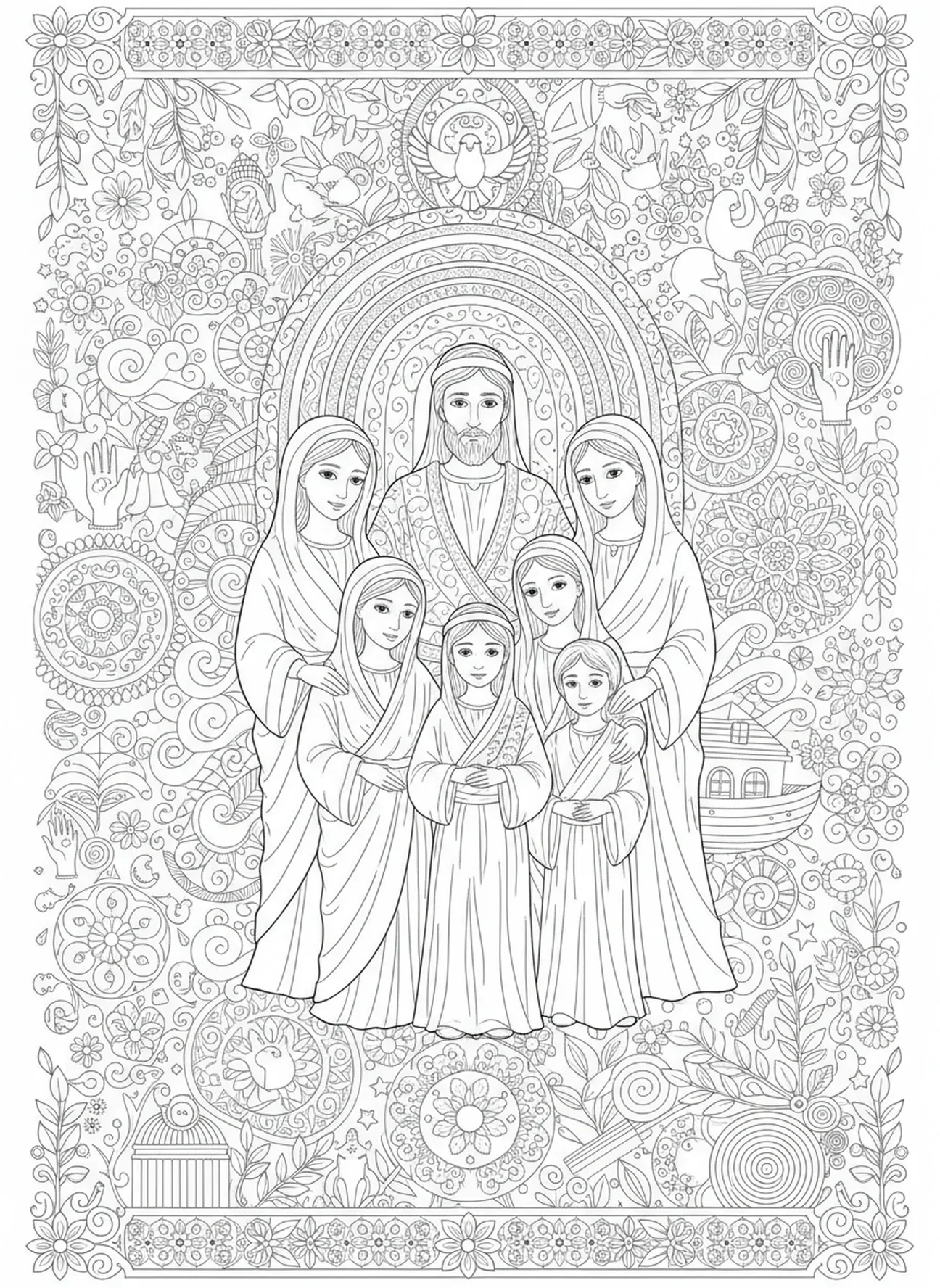Noé e sua família, página de colorir Graça de Deus para adultos no estilo de journaling bíblico.
