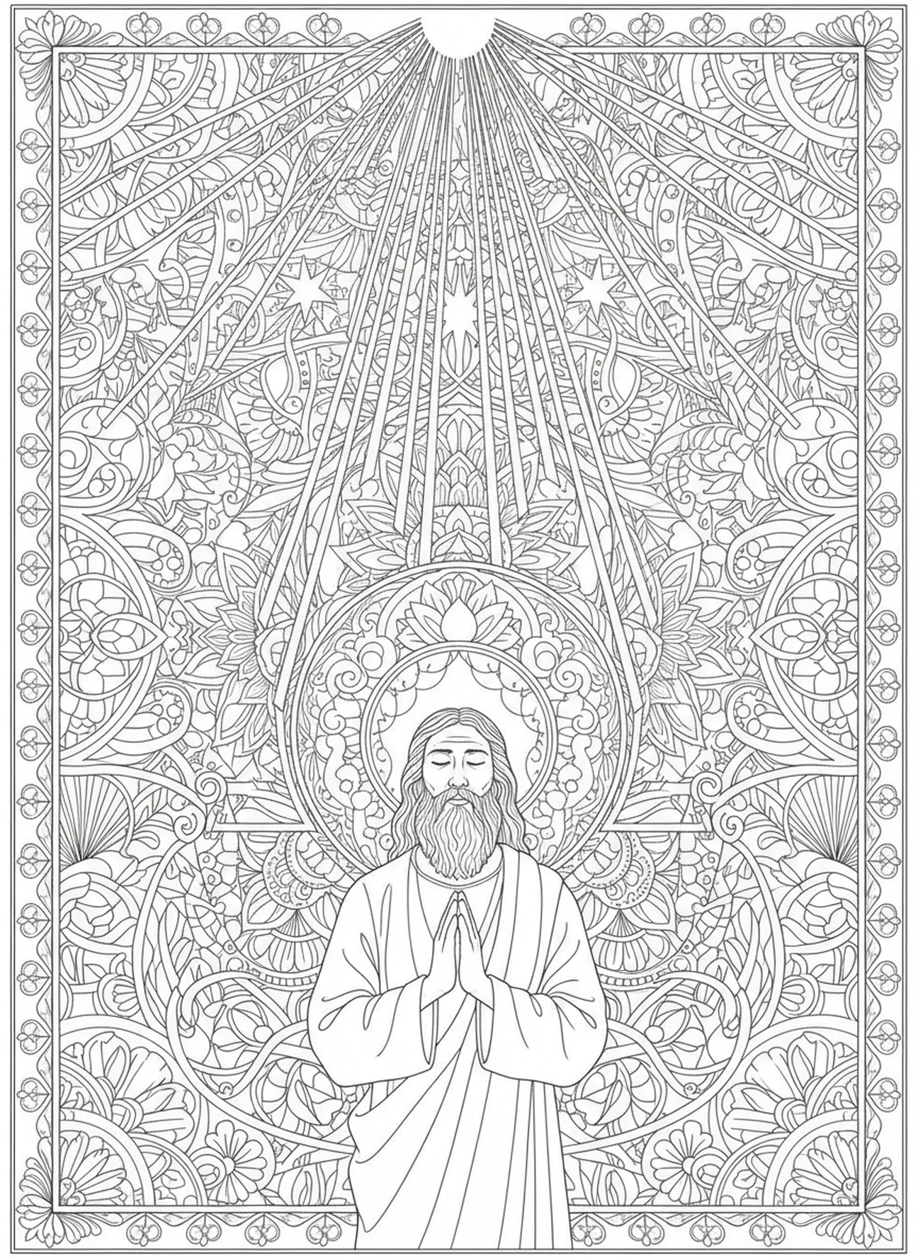 Noé recebendo a promessa de Deus, página de colorir Graça de Deus para adultos no estilo de journaling bíblico.