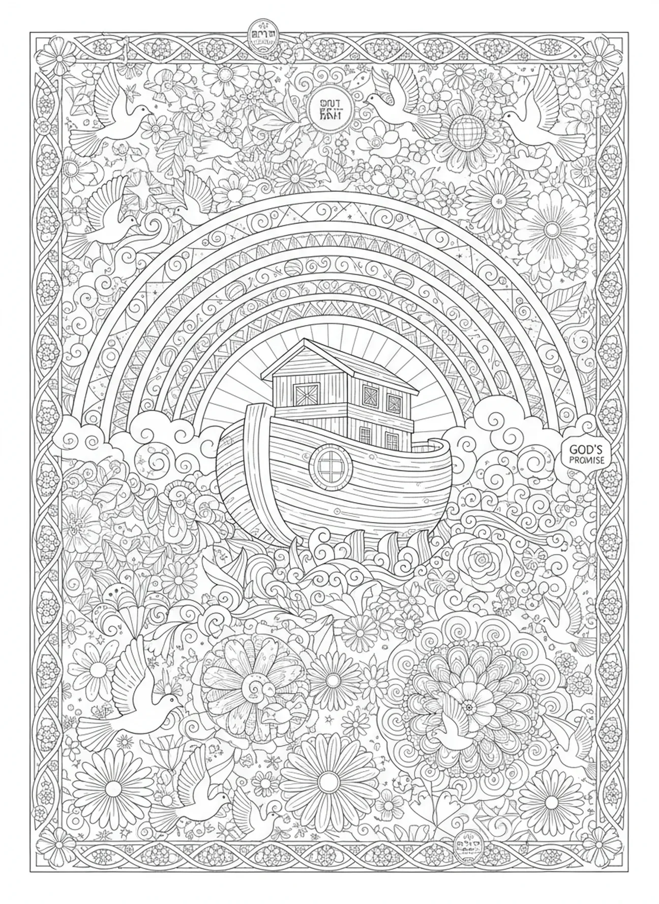 Arco-íris sobre a arca, página de colorir Graça de Deus para adultos no estilo de journaling bíblico.