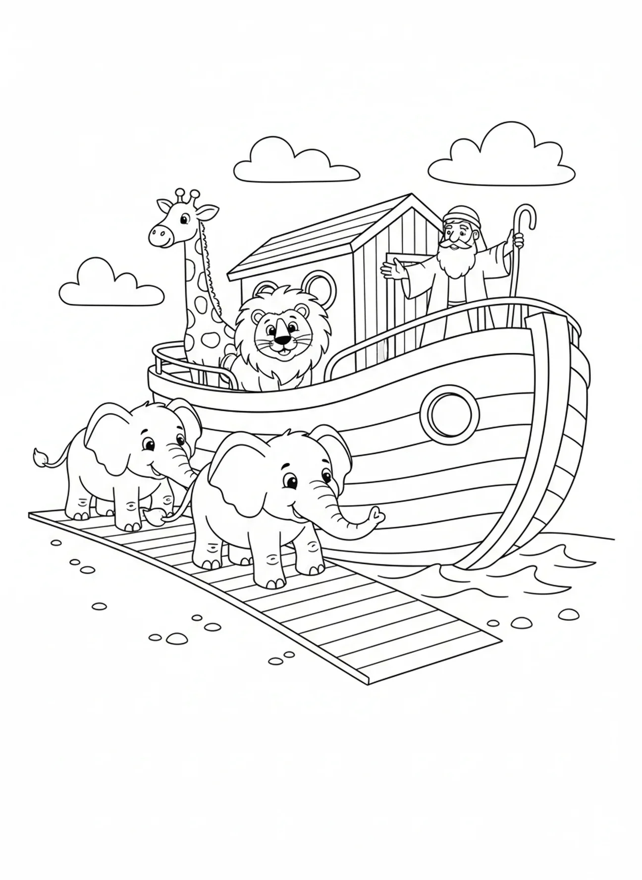 Paire d'éléphants montant à bord de l'arche, page à colorier Grâce de Dieu pour les enfants de 5 à 10 ans