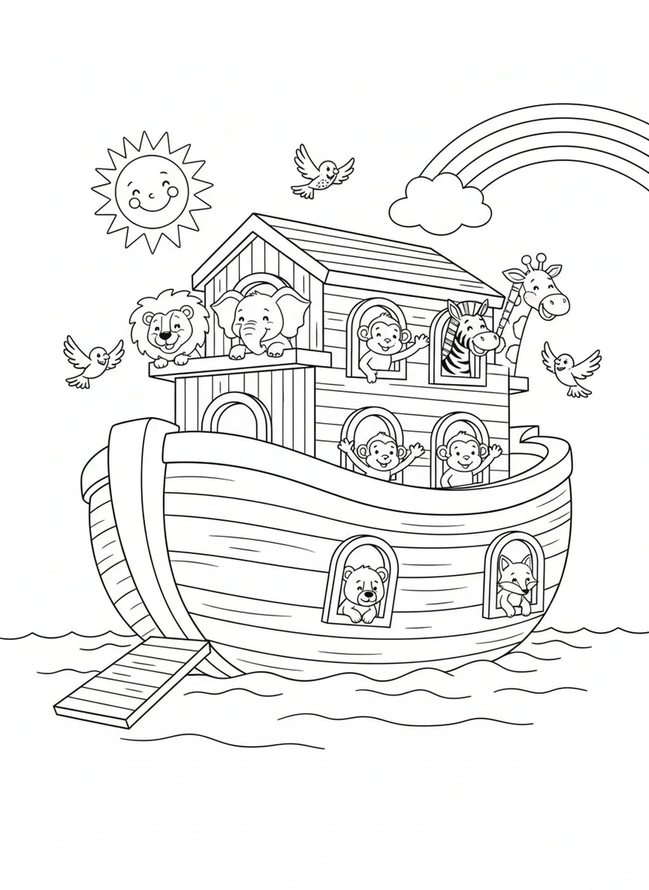 L'arche flottant sur des eaux calmes, page à colorier Grâce de Dieu pour les enfants de 5 à 10 ans