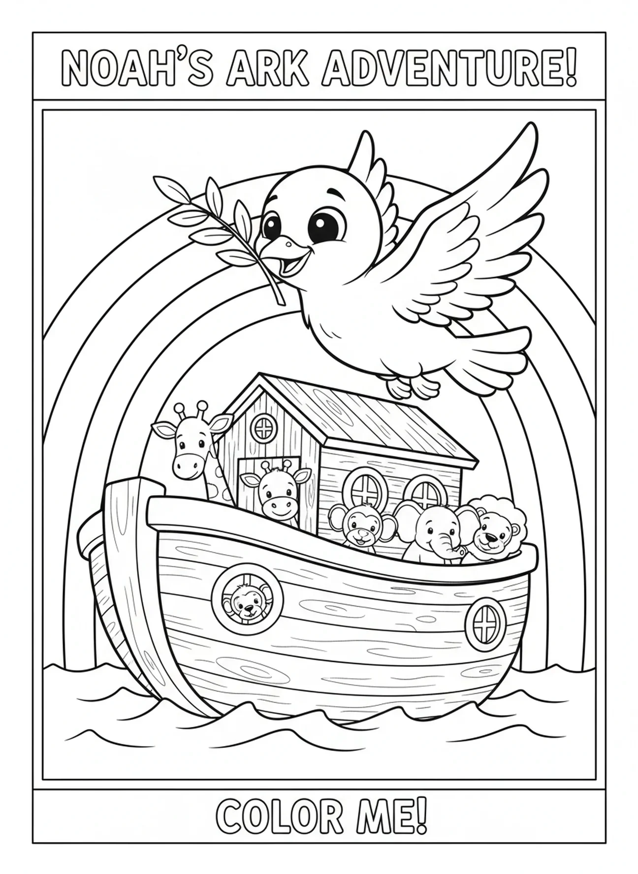 Colombe volant au-dessus de l'arche, page à colorier Grâce de Dieu pour les enfants de 5 à 10 ans