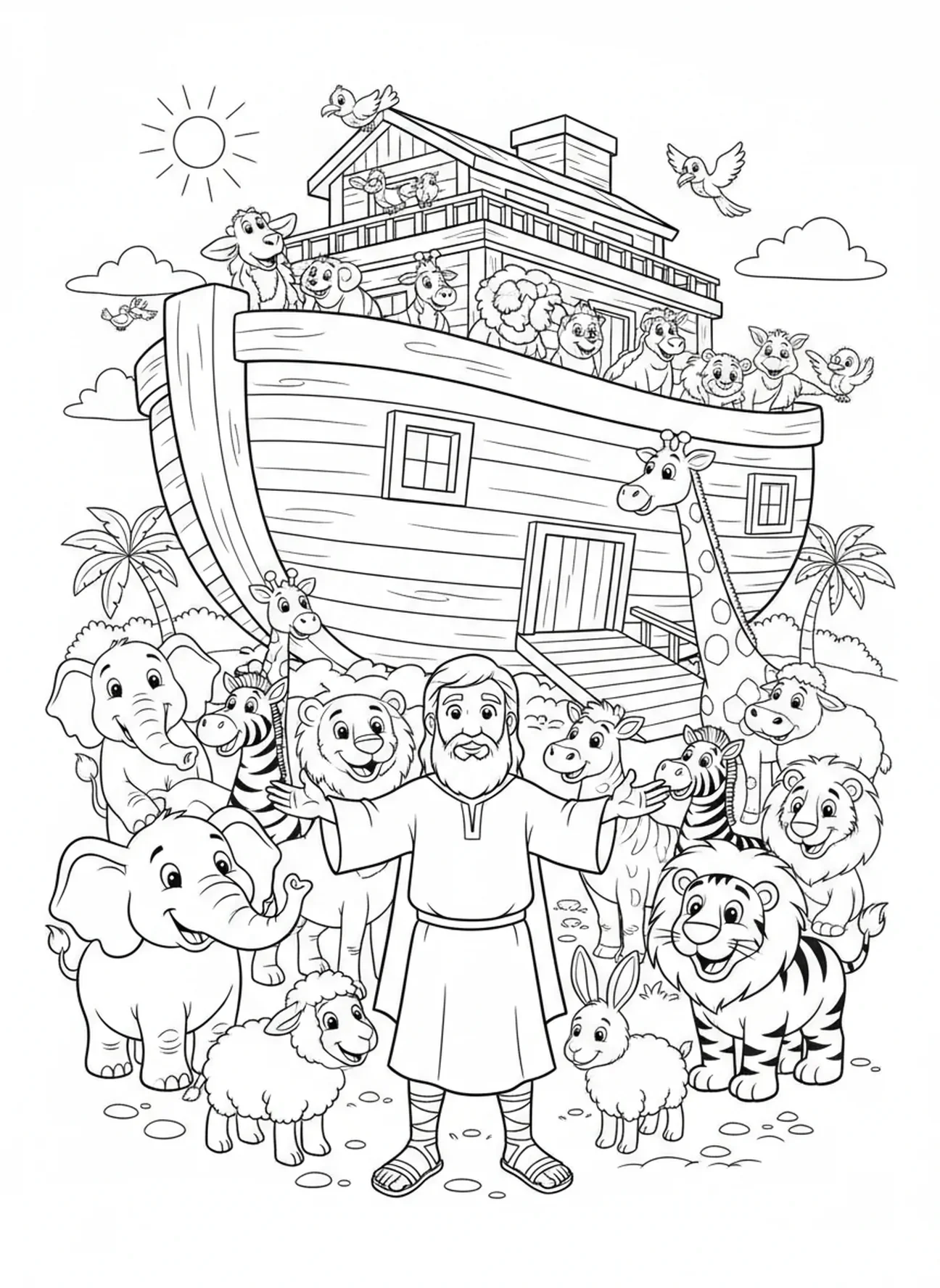 Noé avec des animaux souriants, page à colorier sur la Grâce de Dieu pour les enfants de 5 à 10 ans
