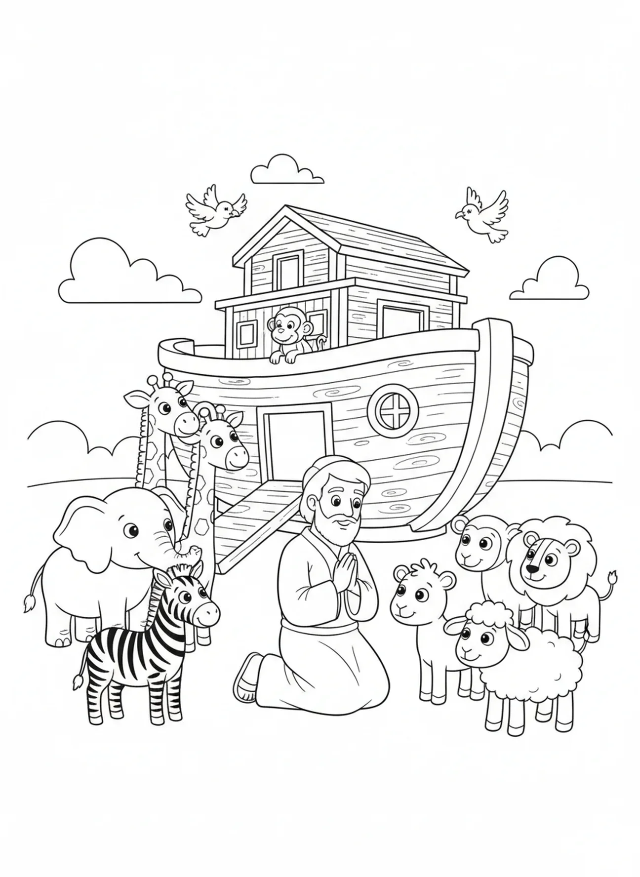 Noé priant à côté de l'arche, page à colorier Grâce de Dieu pour les enfants de 5 à 10 ans