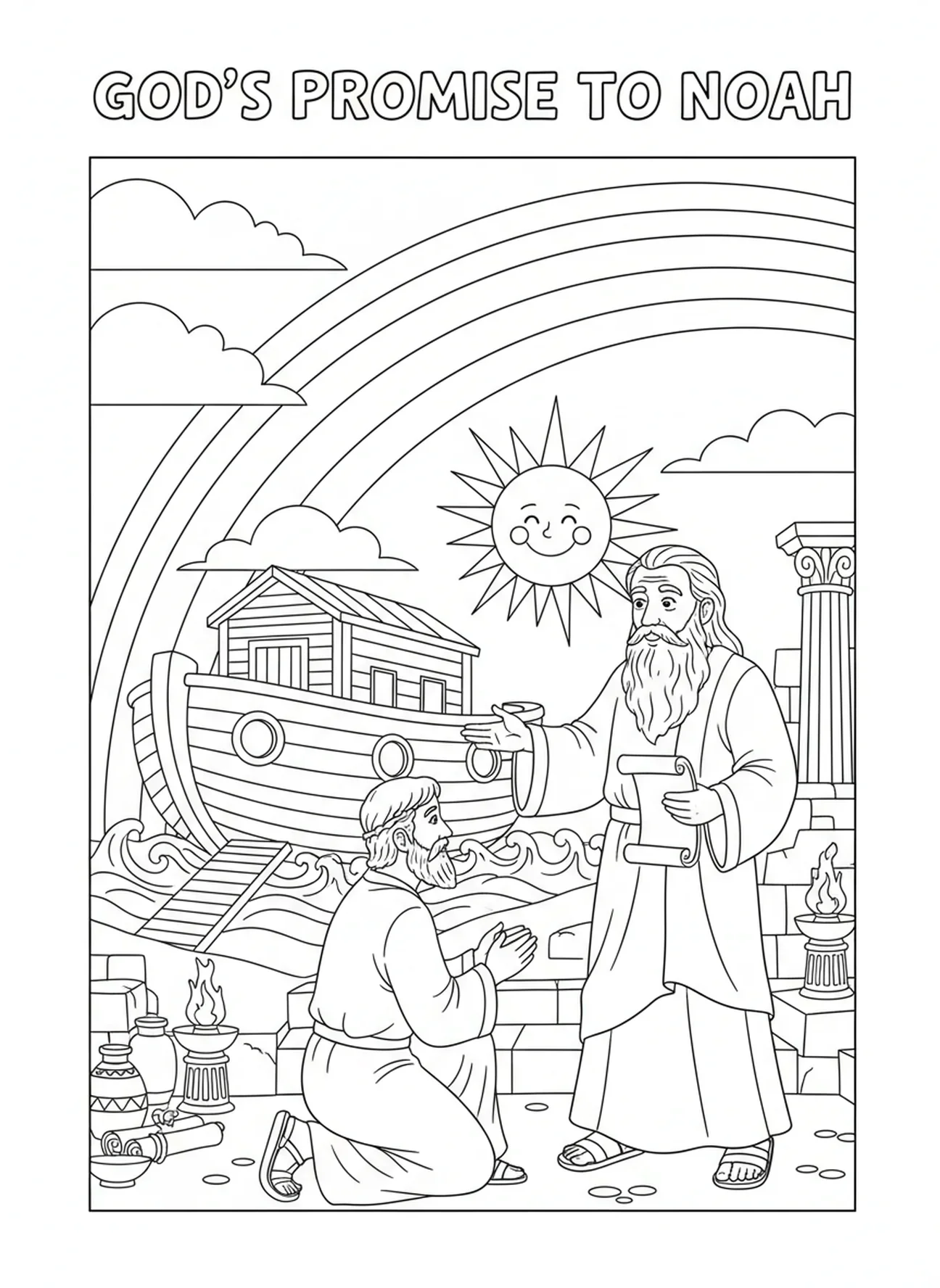 Deus falando com Noé, página para colorir sobre a Graça de Deus para crianças da Escola Dominical de 5 a 12 anos