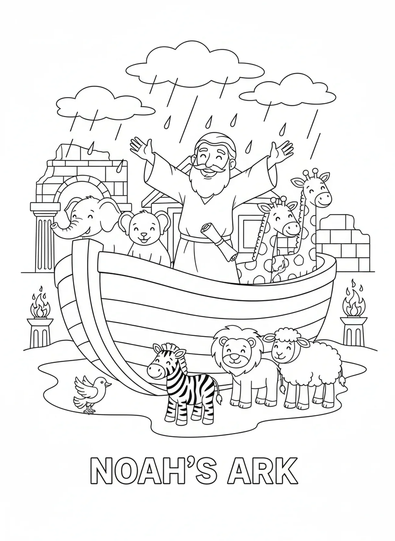 Noé com animais na arca, página para colorir sobre a Graça de Deus para crianças da Escola Dominical de 5 a 12 anos