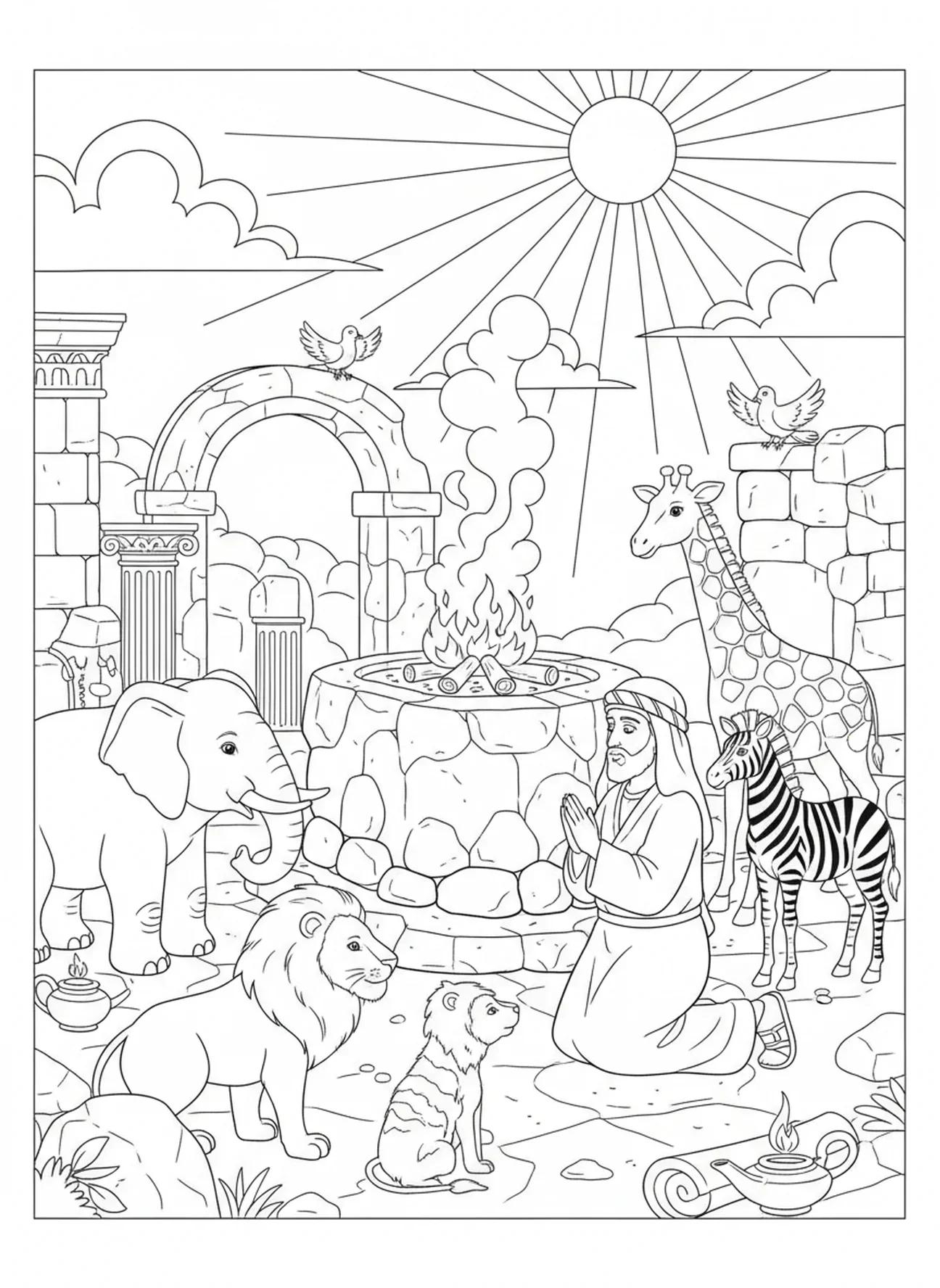 Noé oferecendo sacrifício, página para colorir sobre a Graça de Deus para crianças da Escola Dominical de 5 a 12 anos