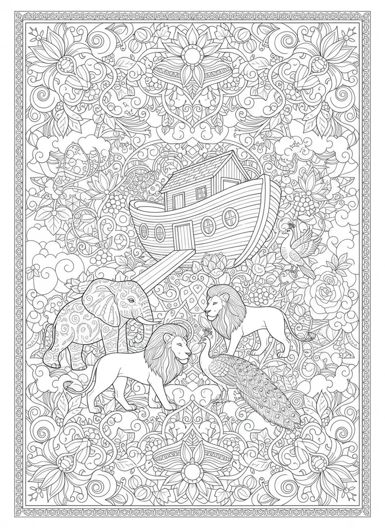 Casais de animais, página para colorir Coração Bíblico no estilo de journaling bíblico para adultos.