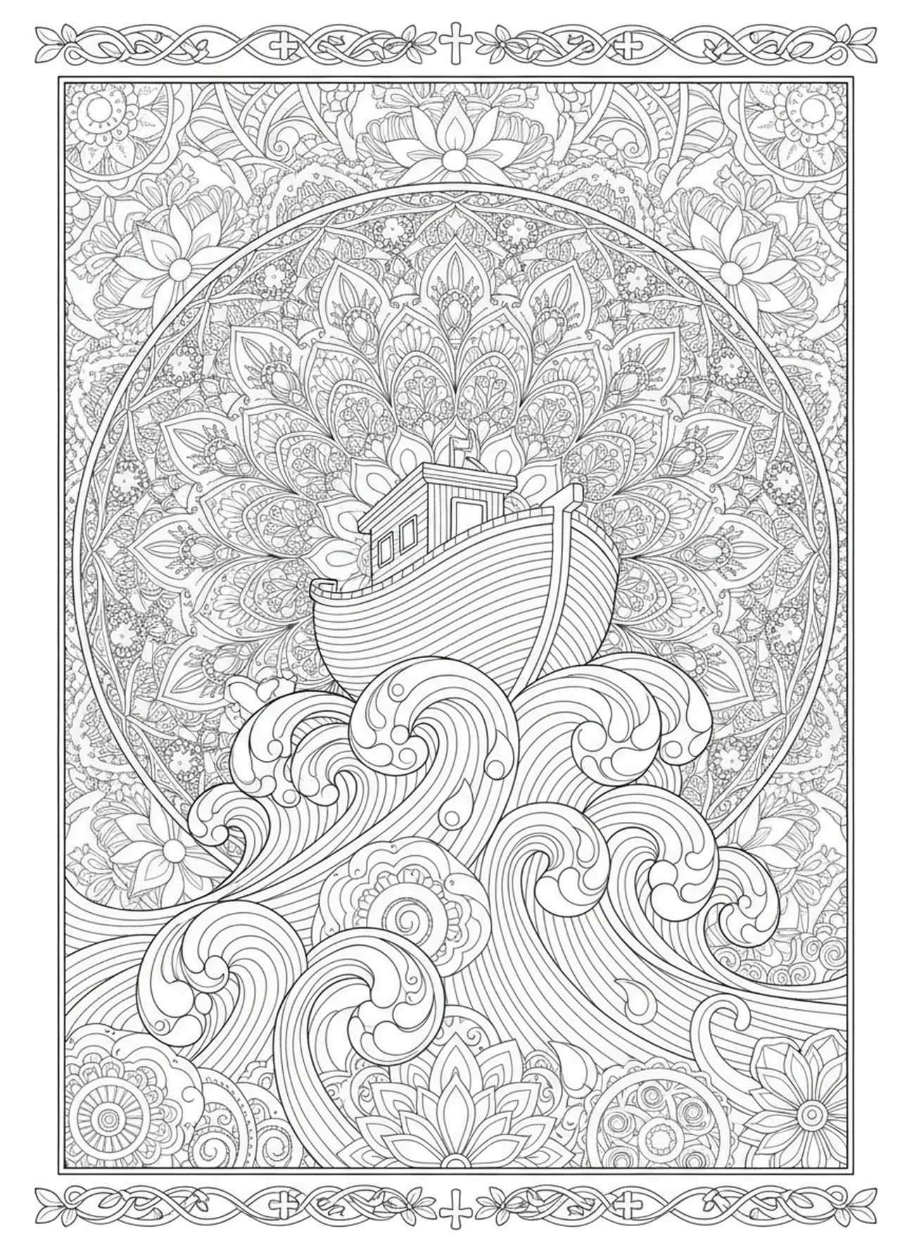 Arca flutuando nas águas da inundação, página de colorir Bíblia Coração para adultos no estilo de journaling bíblico.