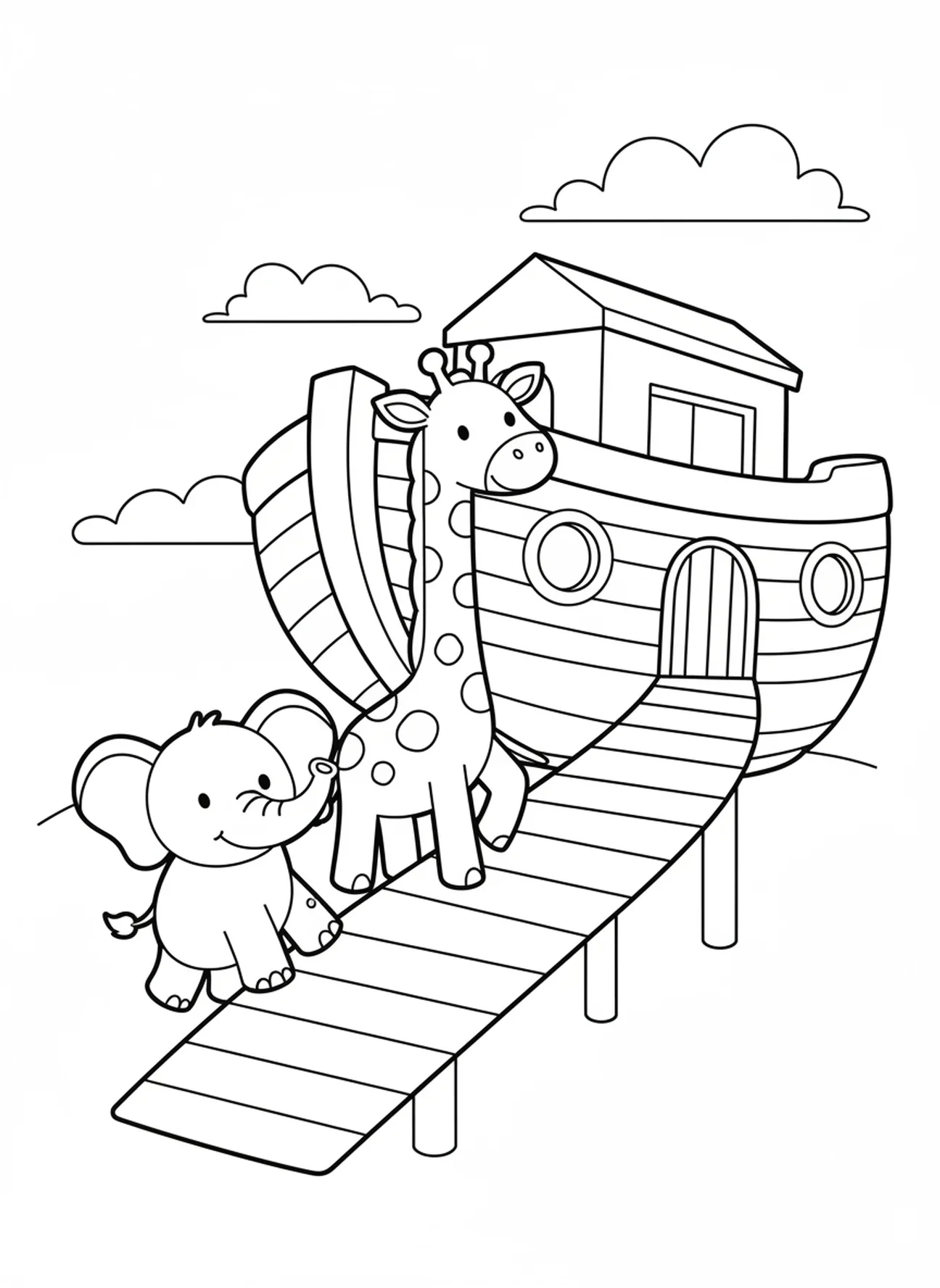 Éléphant joyeux et girafe amicale, page à colorier Bible Coeur pour les enfants d'âge préscolaire de 3 à 5 ans