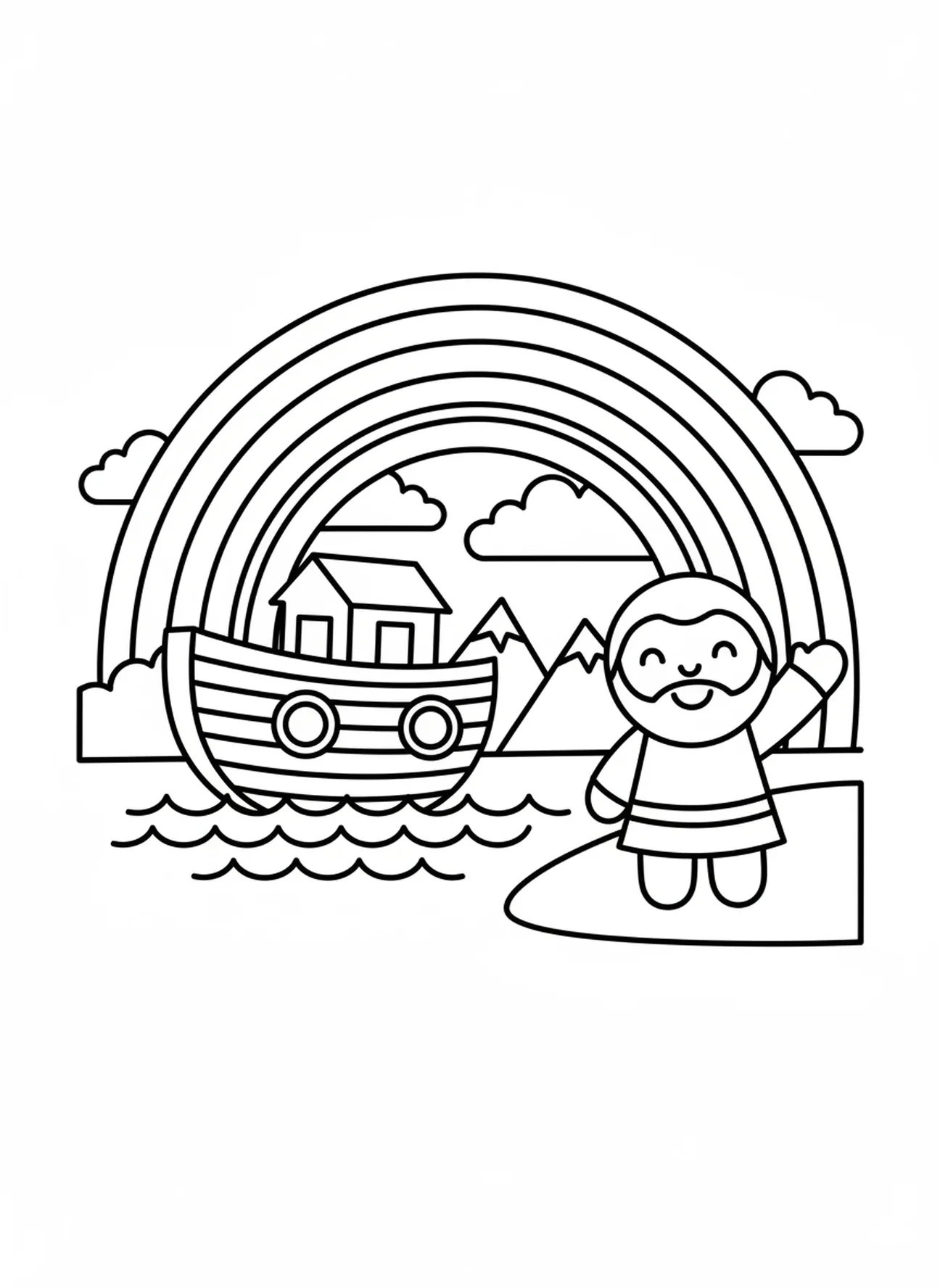 Arc-en-ciel vibrant au-dessus de l'arche, page à colorier Biblique pour les préscolaires de 3 à 5 ans