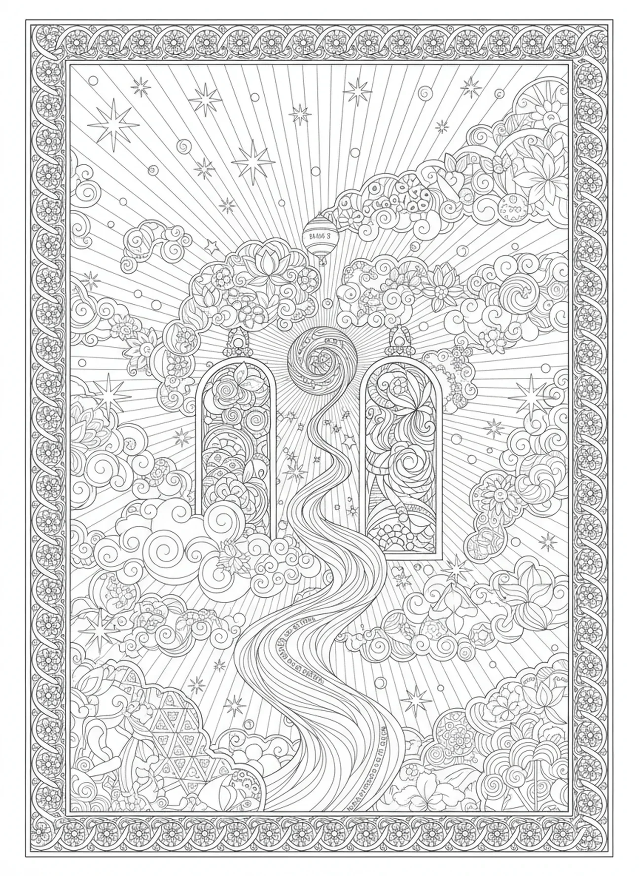 Nuages tourbillonnants et étoiles, page à colorier des Portes du Ciel pour le style de journalisation biblique pour adultes.
