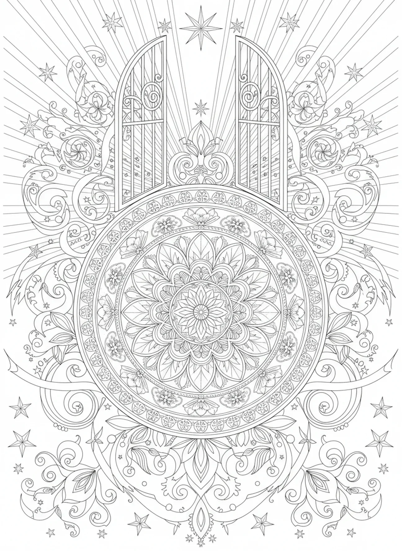 Rayons de lumière radieuse, page à colorier des Portes du Ciel dans un style de journal biblique pour adultes.