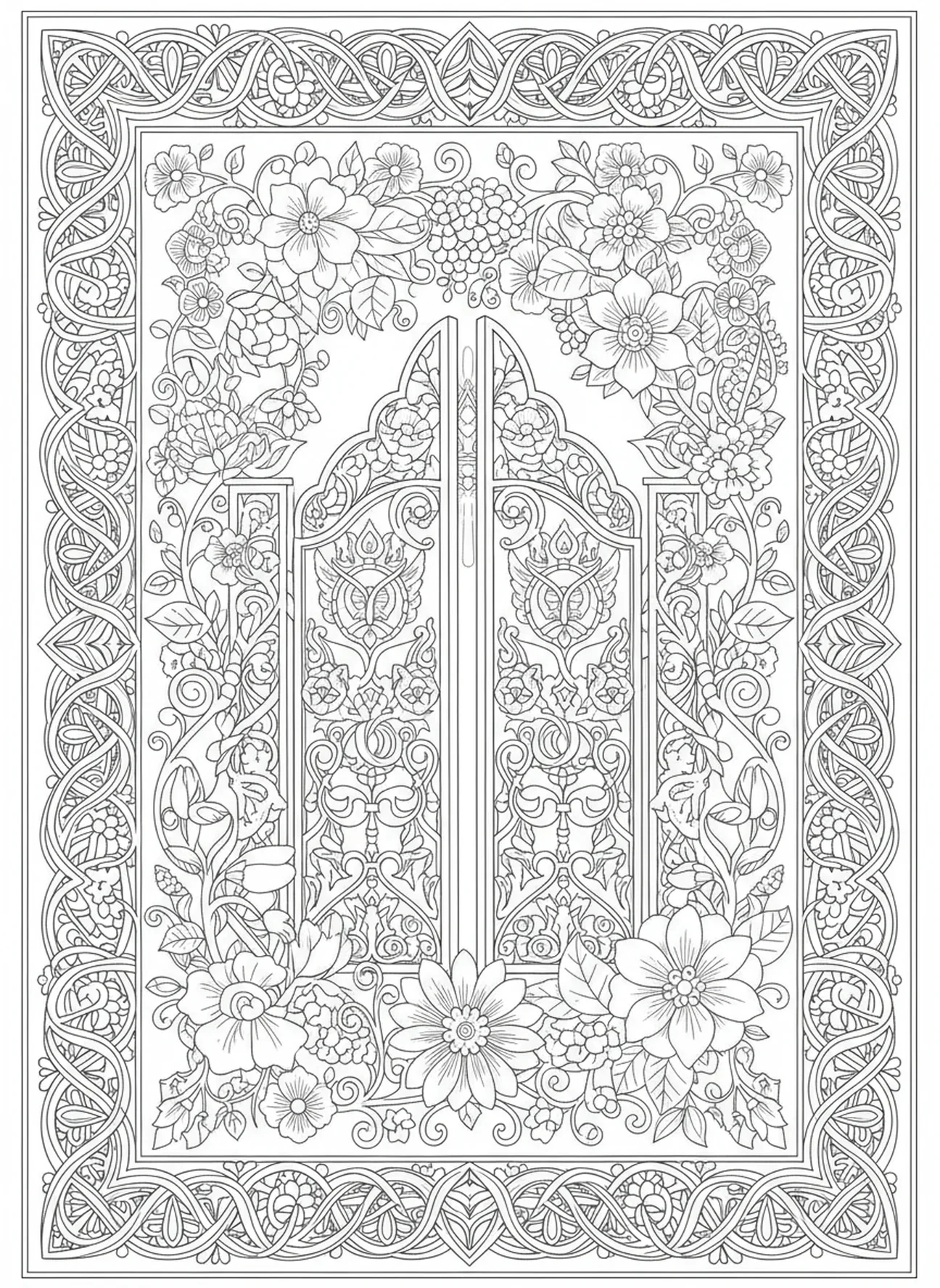 Bordures florales complexes, page à colorier des Portes du Ciel dans un style de journal biblique pour adultes.