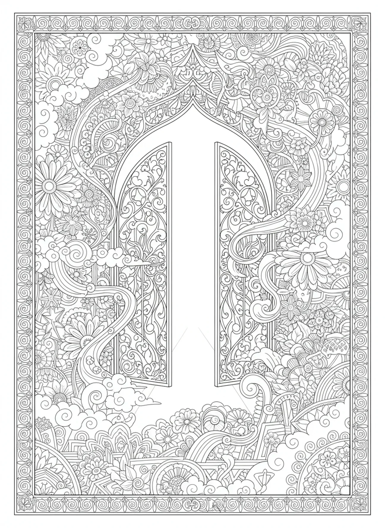 Portes du ciel, page à colorier Portes du ciel pour adultes dans le style du journal biblique.