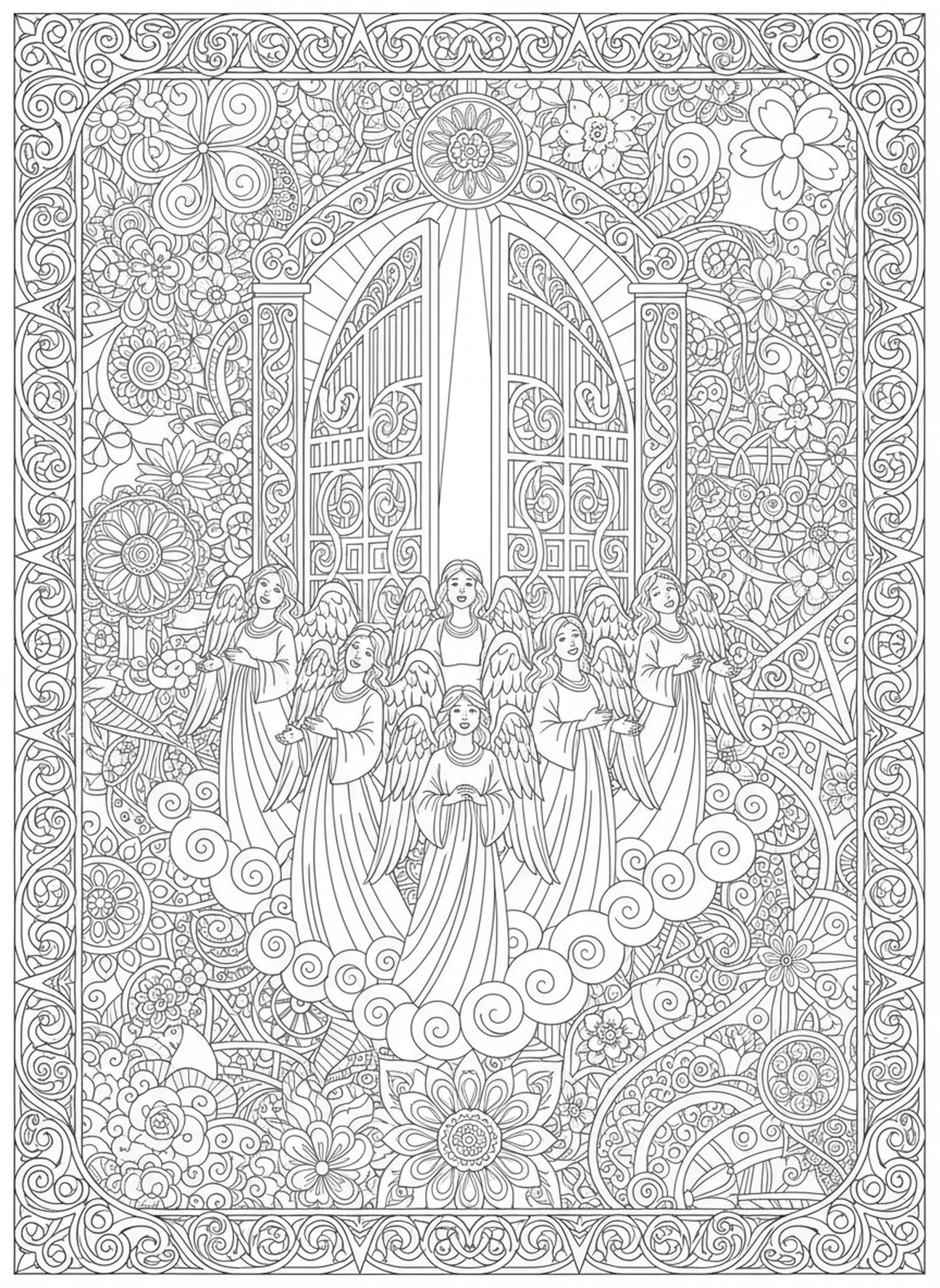 Chœur céleste d'anges, page à colorier des Portes du Ciel pour adultes dans un style de journal biblique.