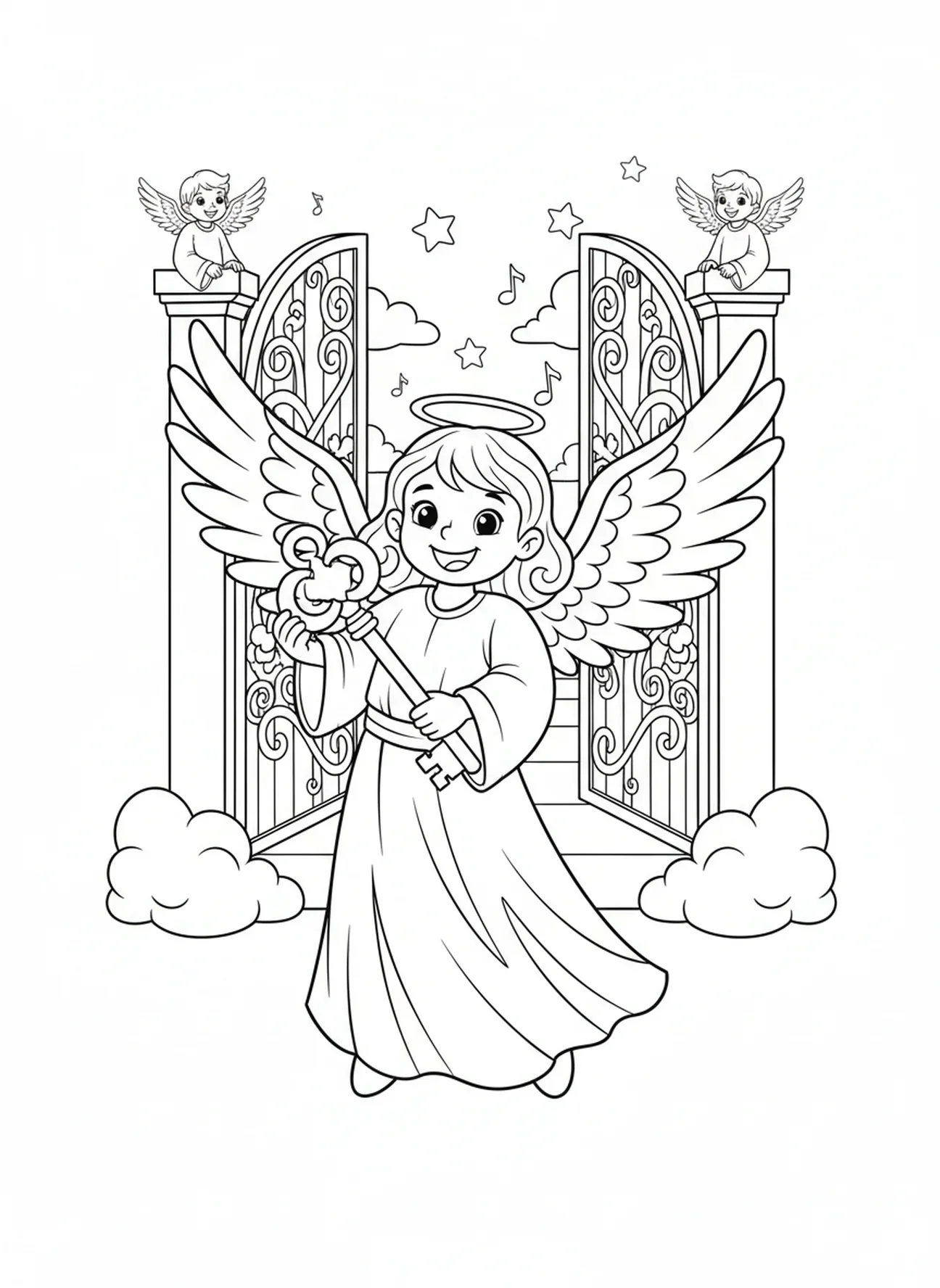 Fröhlicher Engel mit goldenem Schlüssel, Ausmalbild der Himmelstüren für Kinder im Alter von 5-10 Jahren.