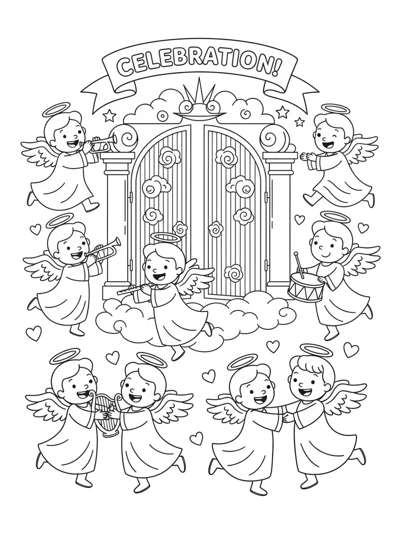 Engel feiern um die Tore, Ausmalbild der Himmelstoren für Kinder im Alter von 5-10 Jahren.