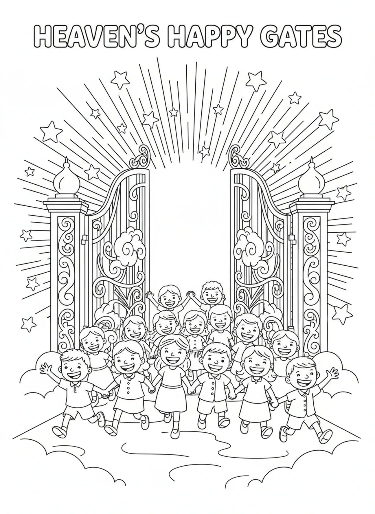 Fröhliche Seelen, die in den Himmel eintreten, Ausmalbild der Himmelstüren für Kinder im Alter von 5-10 Jahren.