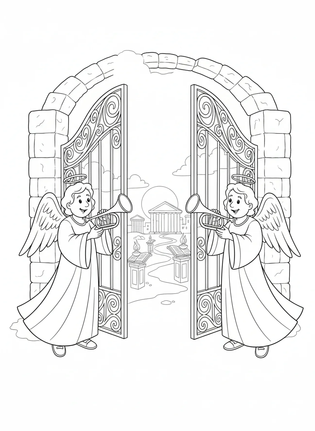 Freundliche Engel, Himmelstore Ausmalbild für Sonntagsschulkinder im Alter von 5-12 Jahren.
