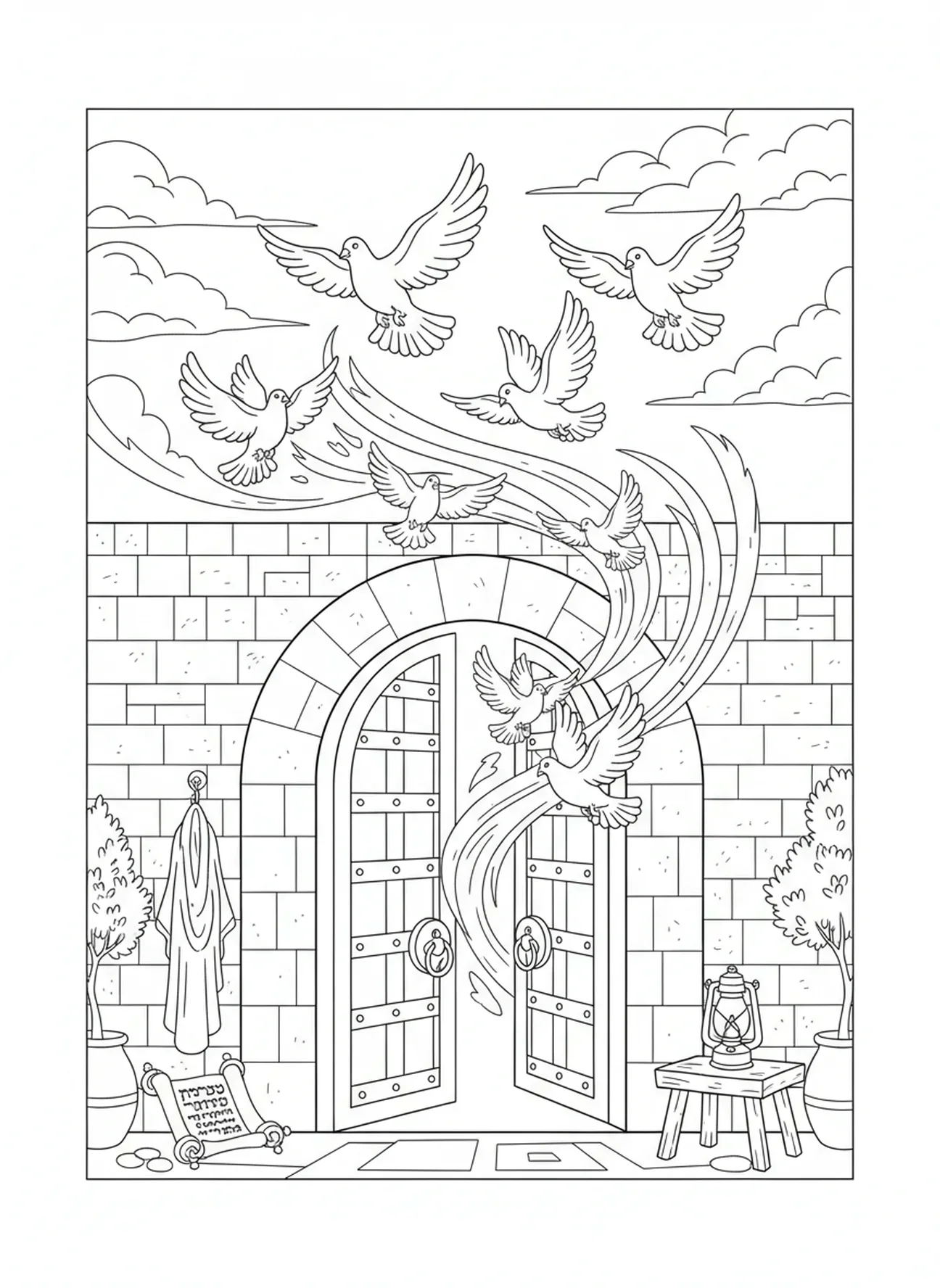 Friedenstauben fliegen, Malvorlage für die Himmelstüren für Kinder im Alter von 5-12 Jahren in der Sonntagsschule.